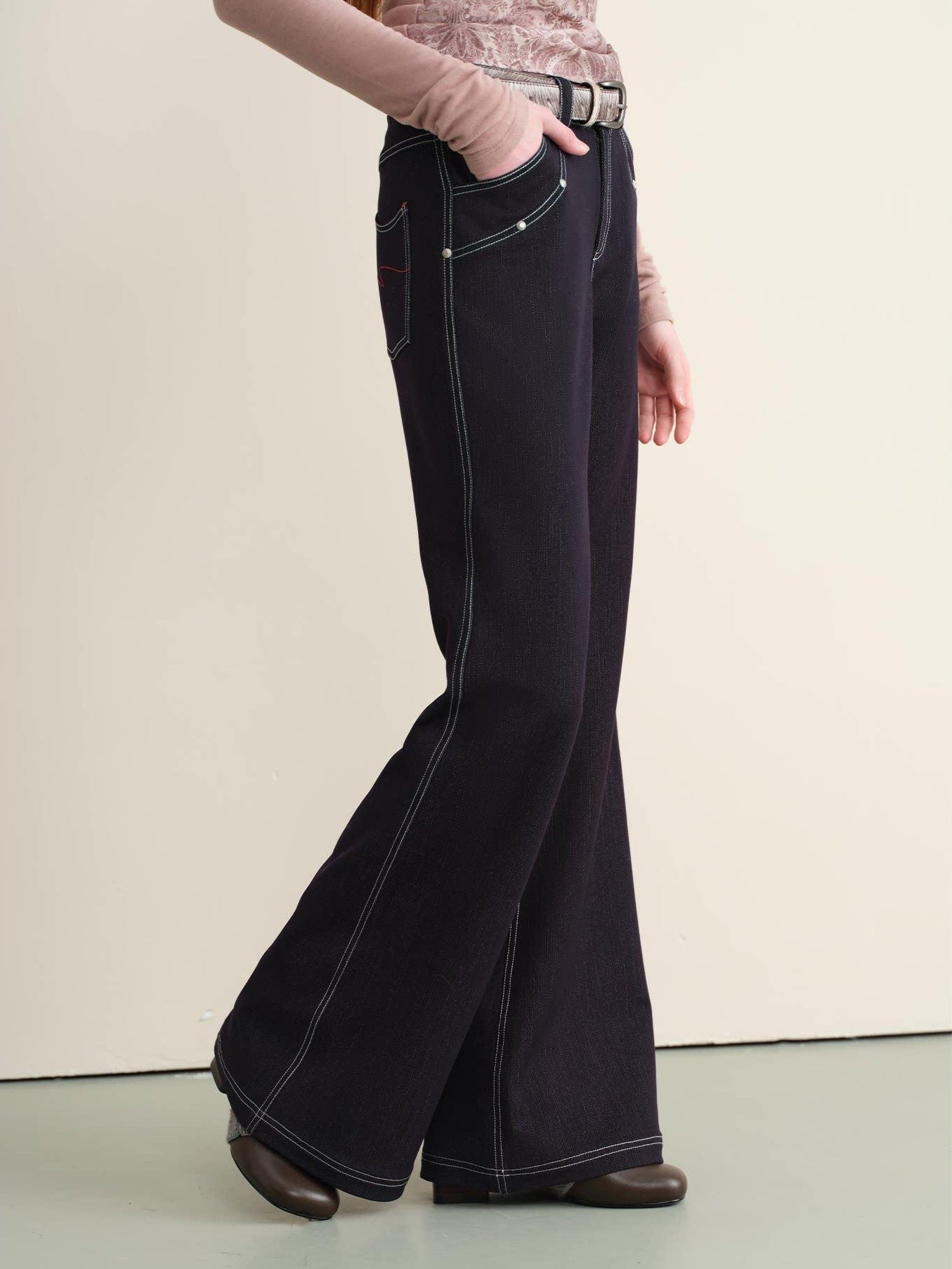 someonesometimes Stretch Minimal Natural Waist Topstitch Detail Women Midnight Blue Flared Jeans