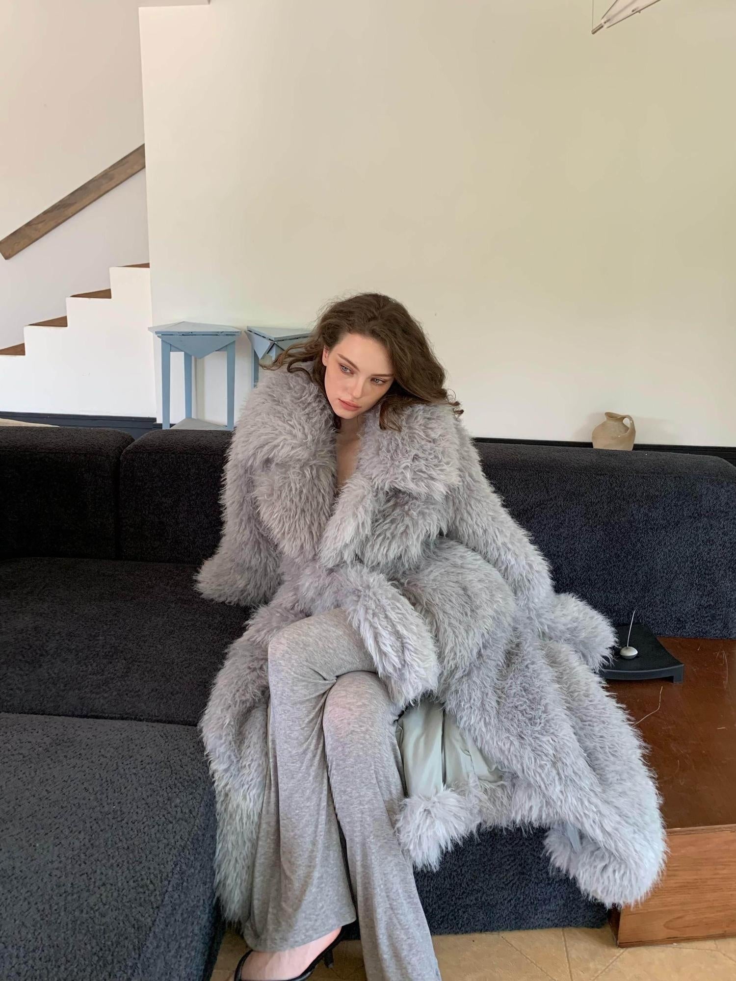 BUZHOU Luxurious Plush Fox Inspired Round Neck Longline Gray S M L Faux Fur Coats