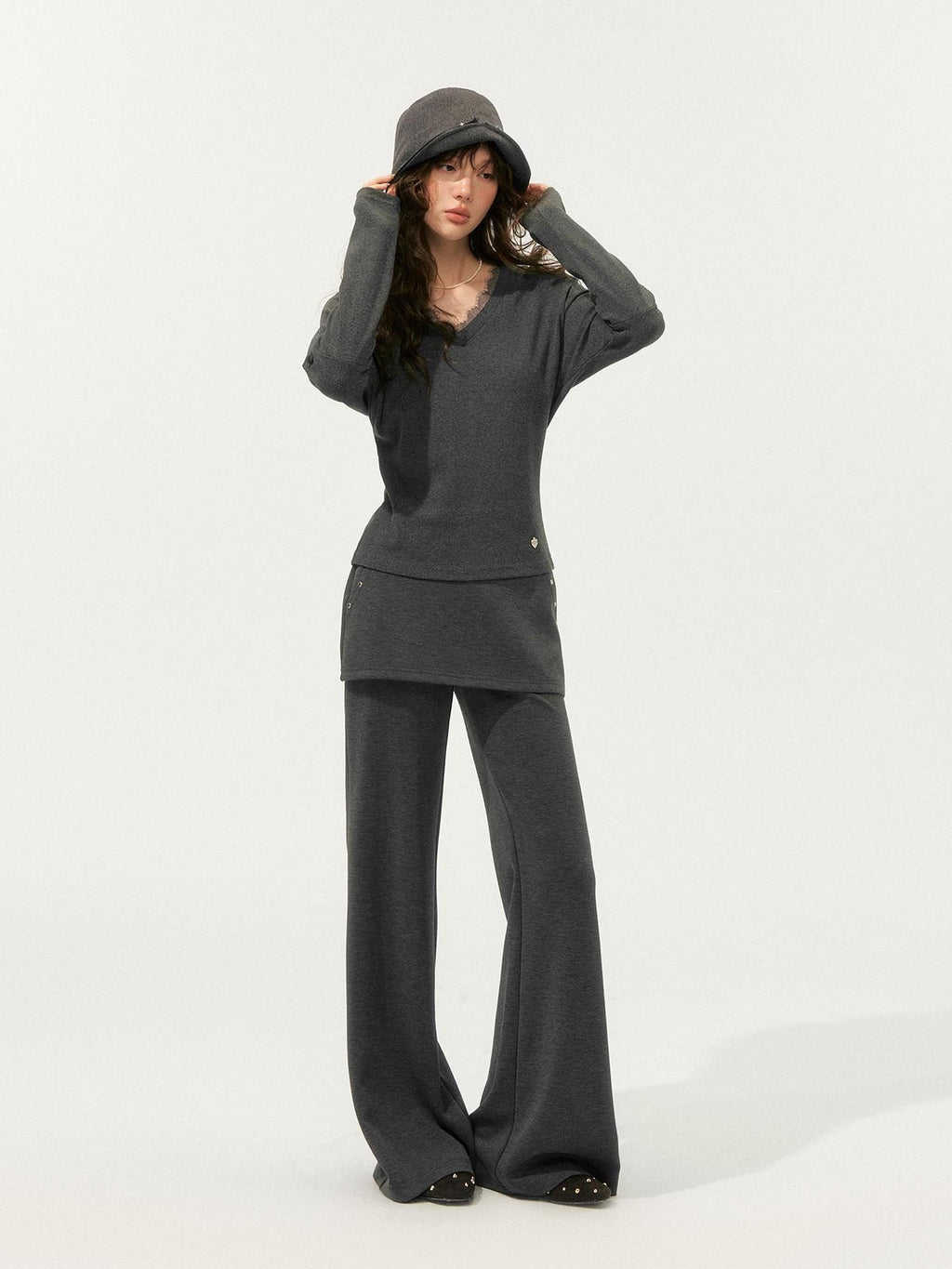 SOMESOWE Cozy Knit V-neck Cropped Batwing Top Loose Straight Pants Top & Pants Sets
