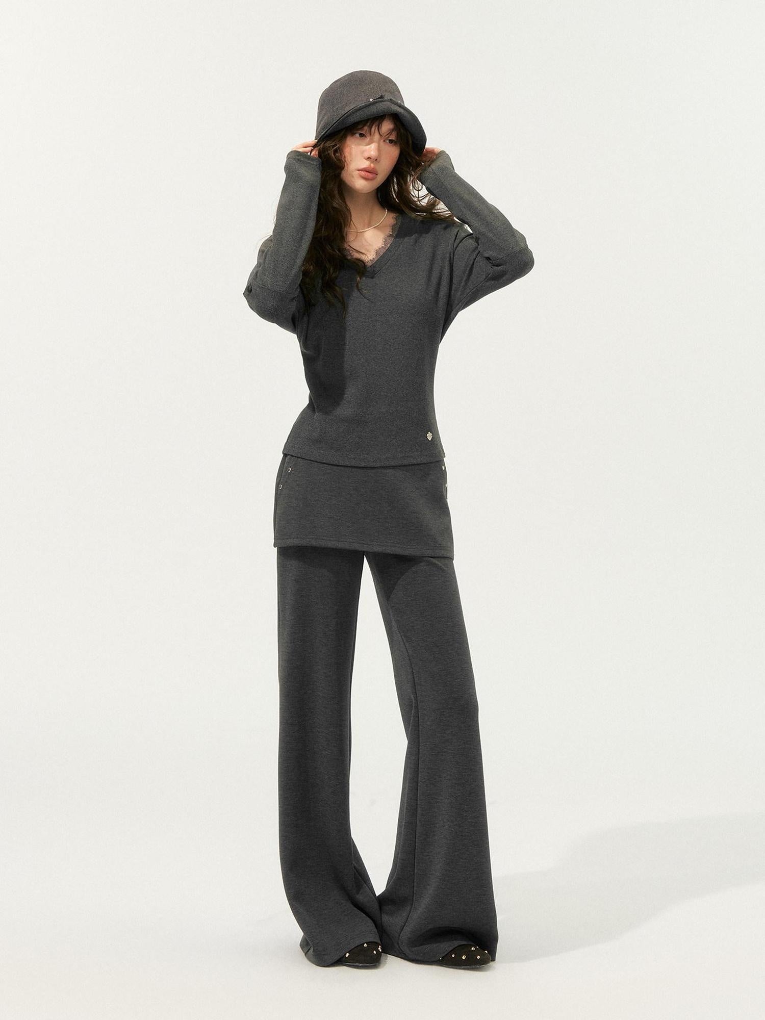 SOMESOWE Cozy Knit V-neck Cropped Batwing Top Loose Straight Pants Top & Pants Sets