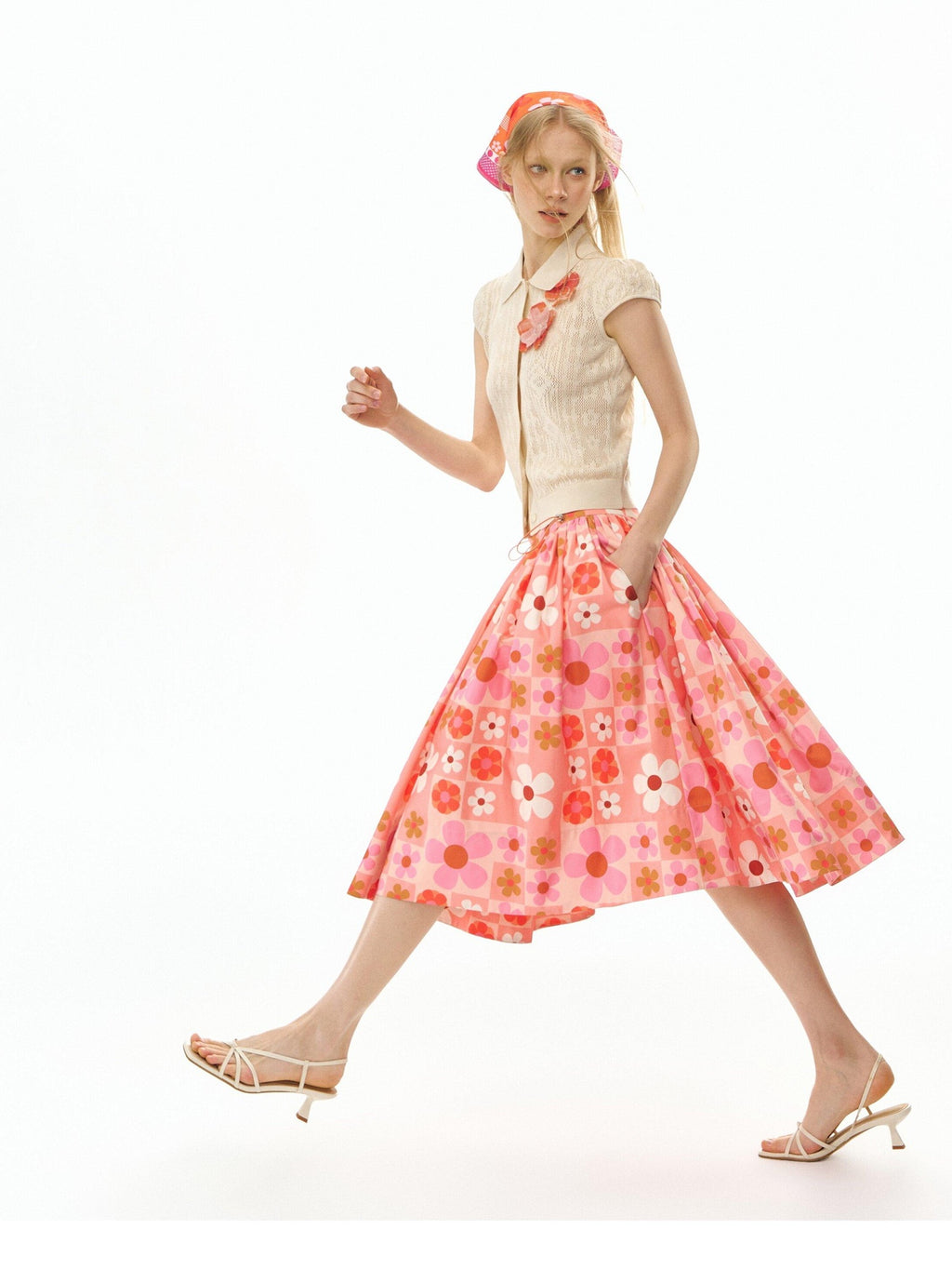 DeleteEx Flattering High Waist A Line Orange Red Floral Polyester Women Midi Skirts