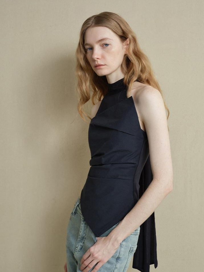 someonesometimes Slim Cutout Ruched Tie Front Korean Casual Navy Poly Tank Tops