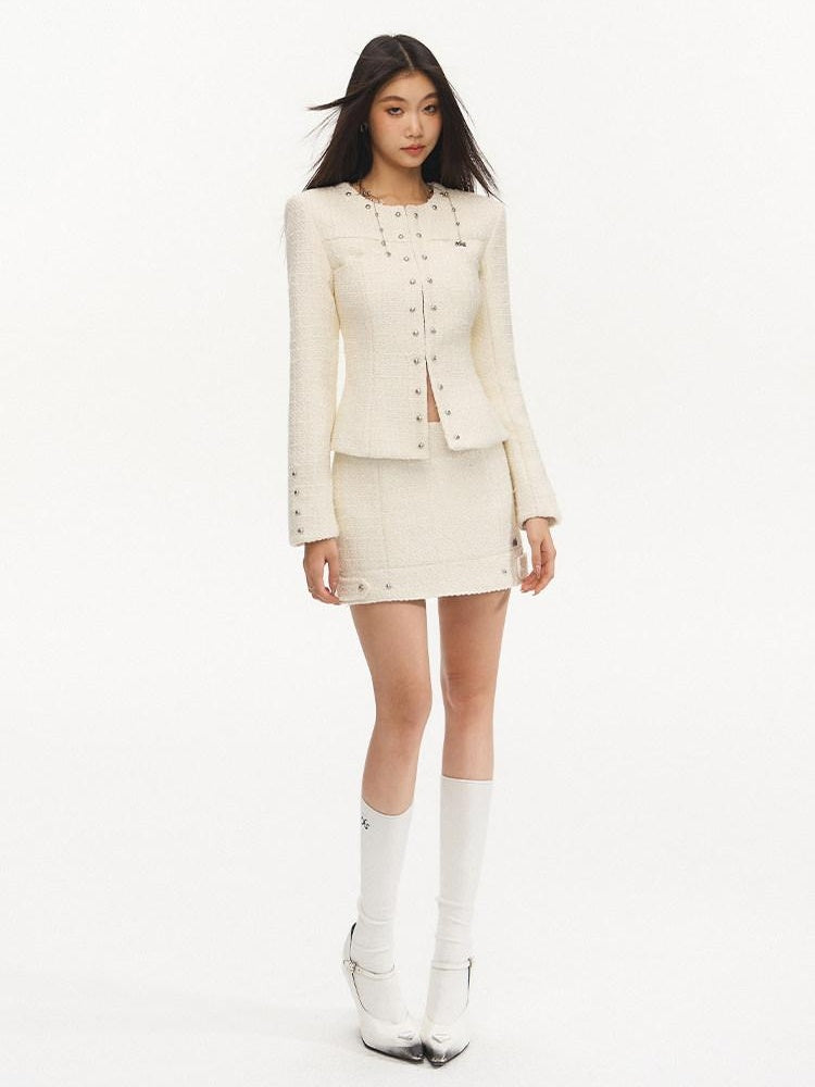 NAWSNOTAWEAR Wool Blend Two Piece Set Long Sleeve Round Neck Women Pearl White Mini Skirts