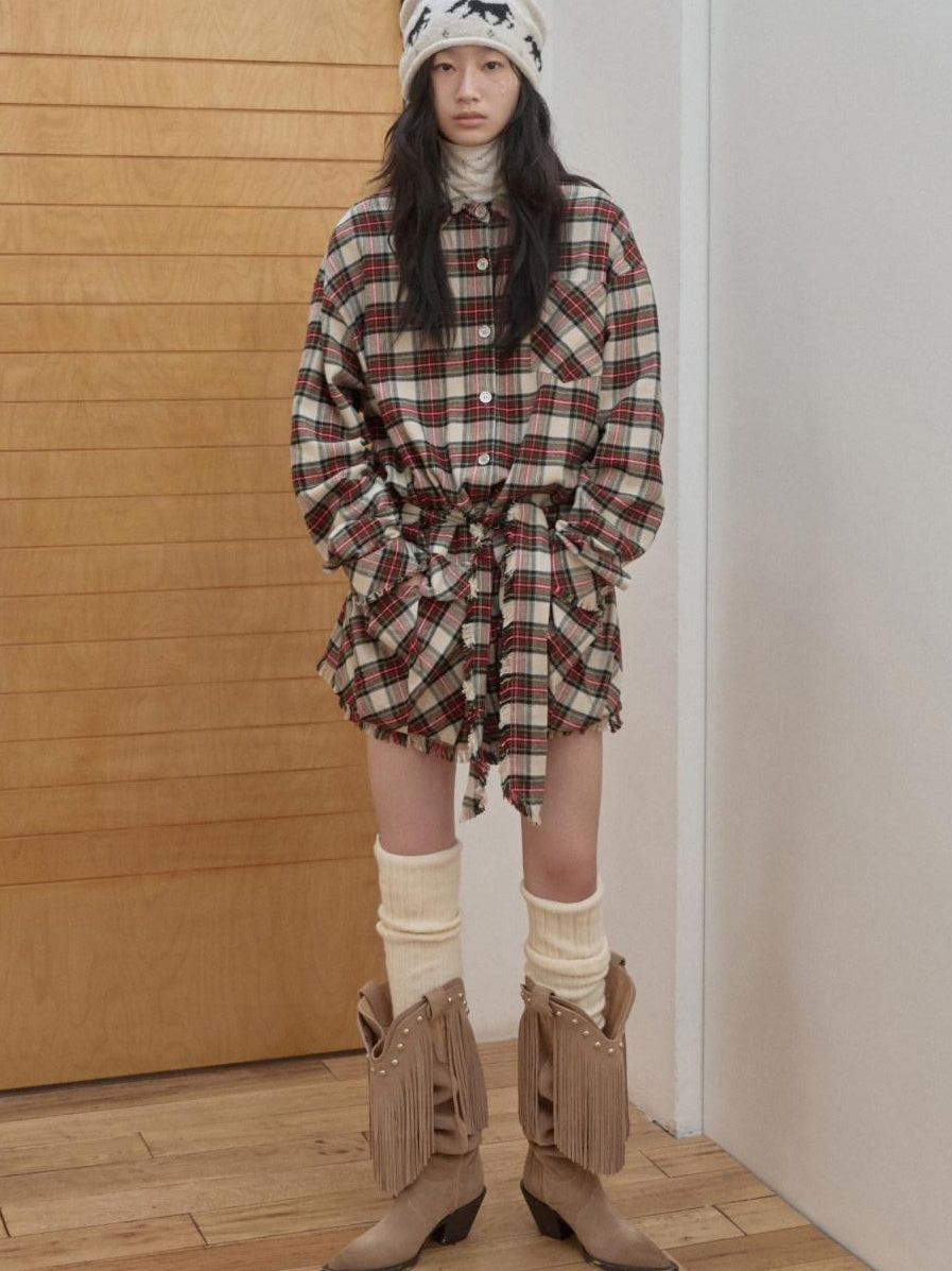 1JINN STUDIO Cotton Plaid Workwear Loose Straight Fit Long Sleeve Casual Women Mini Dresses