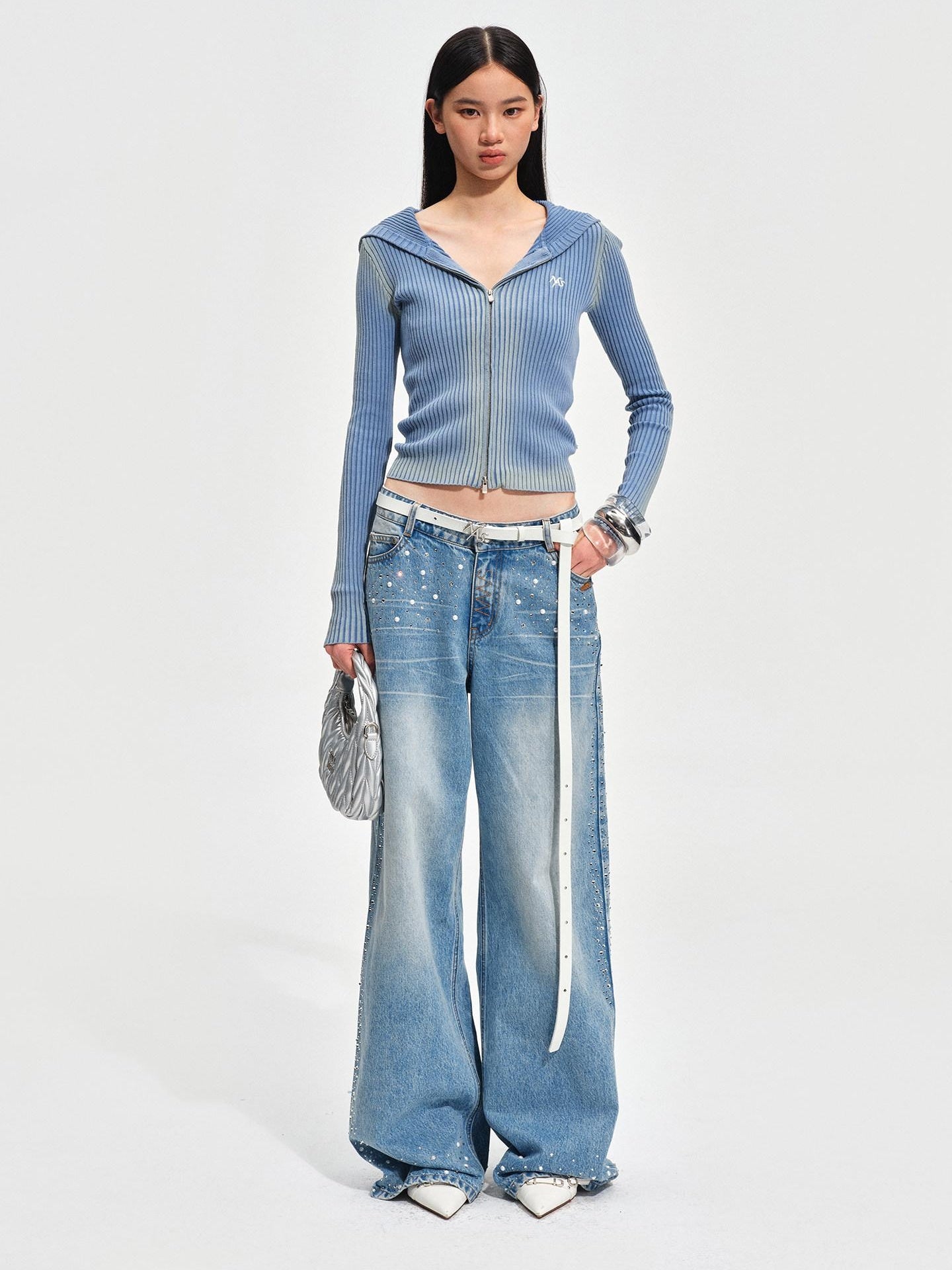 NAWSNOTAWEAR Rhinestone Embellished Vintage Low Waist Glacier Blue Wide Leg Jeans