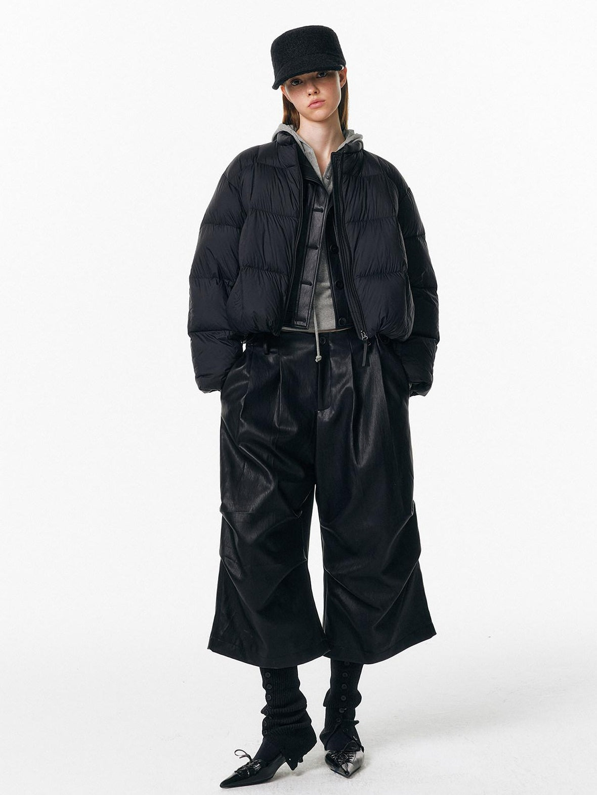 ALINNVSTUDIO Pu Pleated Low Waist Button Fly Irregular Fold Casual Women Black Wide Leg Pants