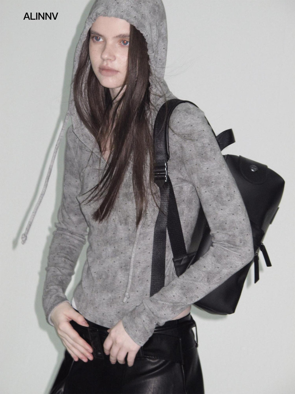 ALINNVSTUDIO Tie Detail Cropped Polka Dot Hooded Pullover Long Sleeve Women Grey Brown Hoodie