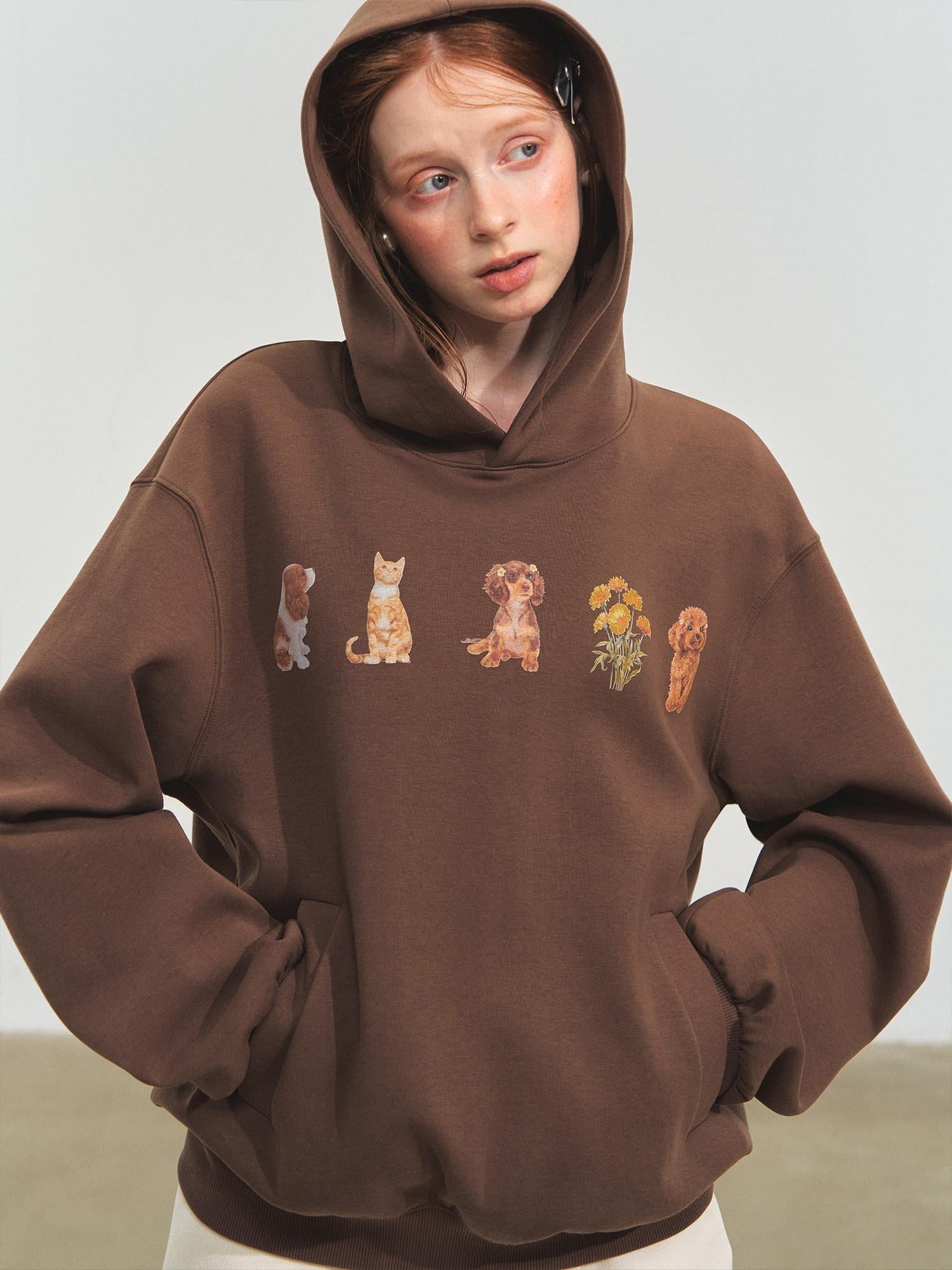 SOMESOWE Cartoon Anime Oversized Hooded Longsleeve Casual Grey Brown Hoodie
