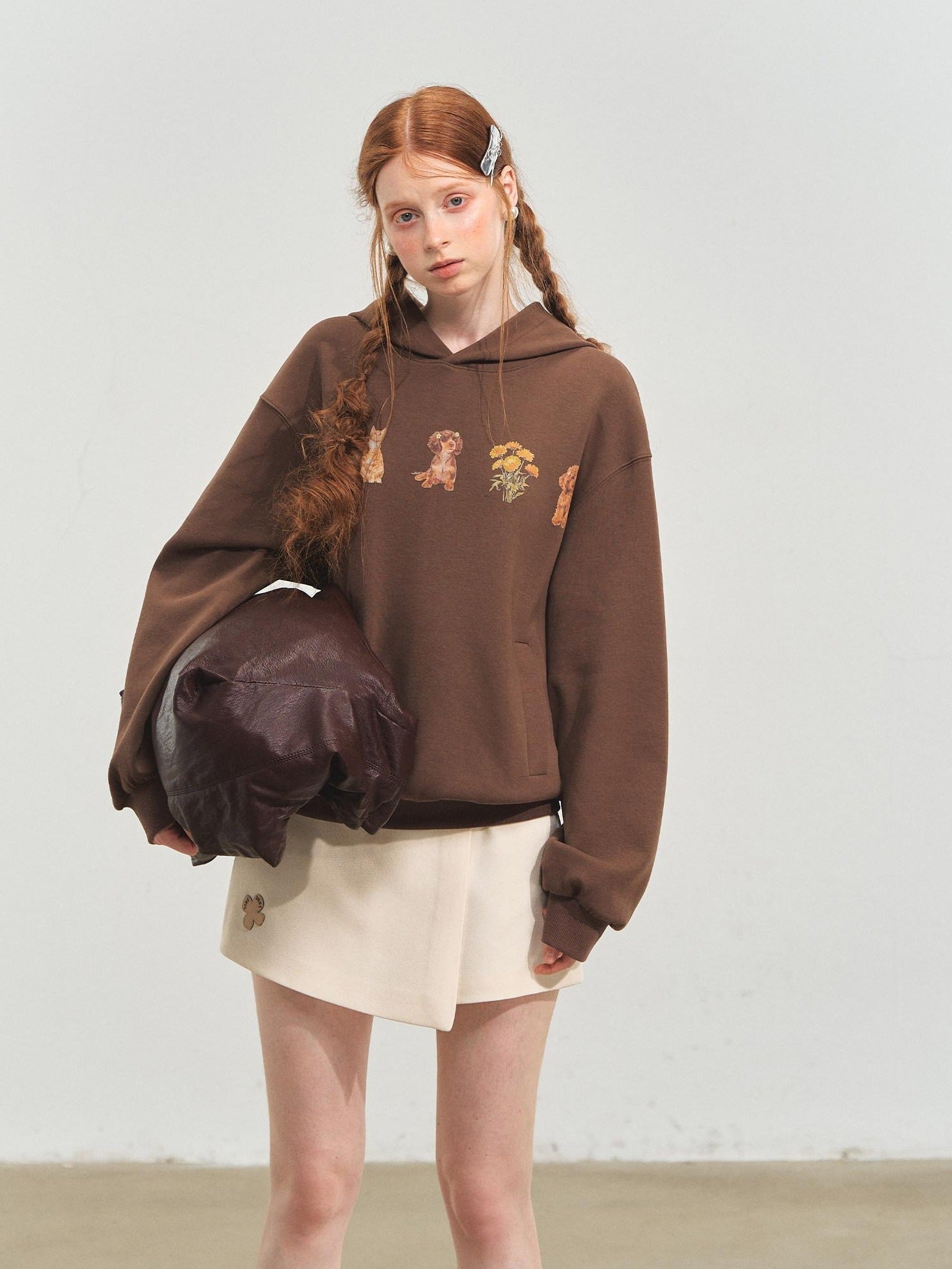 SOMESOWE Cartoon Anime Oversized Hooded Longsleeve Casual Grey Brown Hoodie