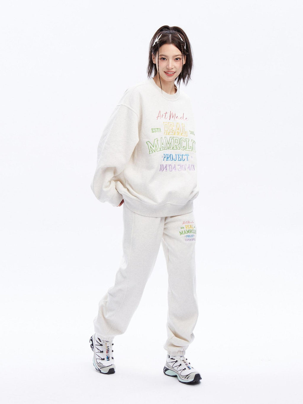 DeleteEx Embroidered Loose Fit Cotton Blend Crew Neck Women Grey Black Top & Pants Sets