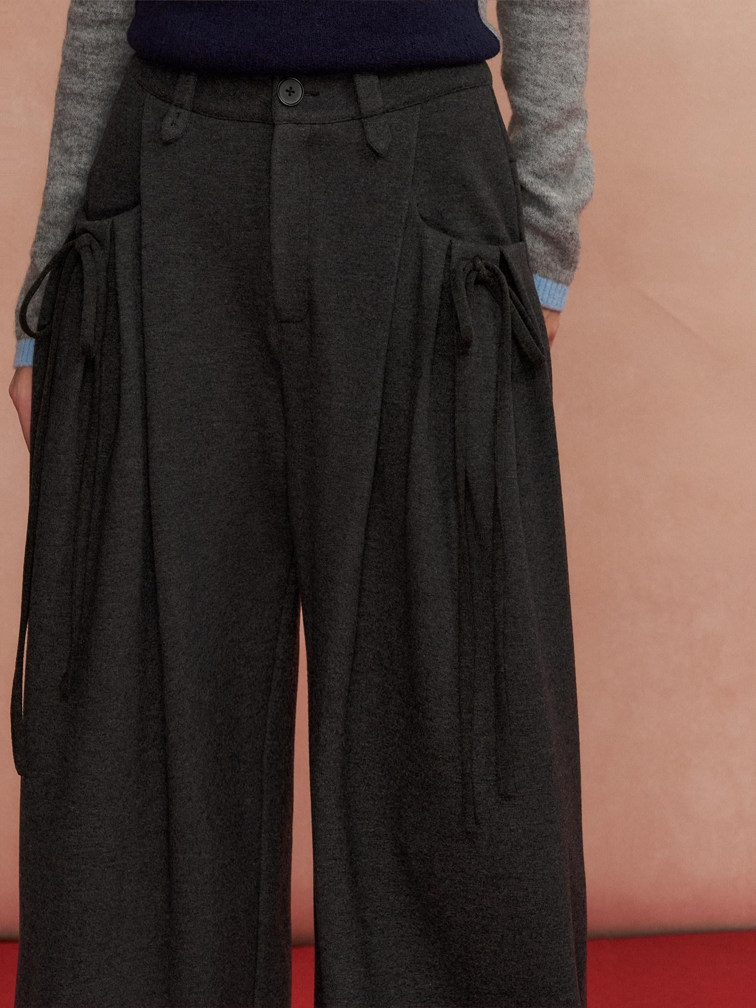 SOMESOWE Pleated Pockets Bow Print Natural Waist Casual Women Wide Leg Pants
