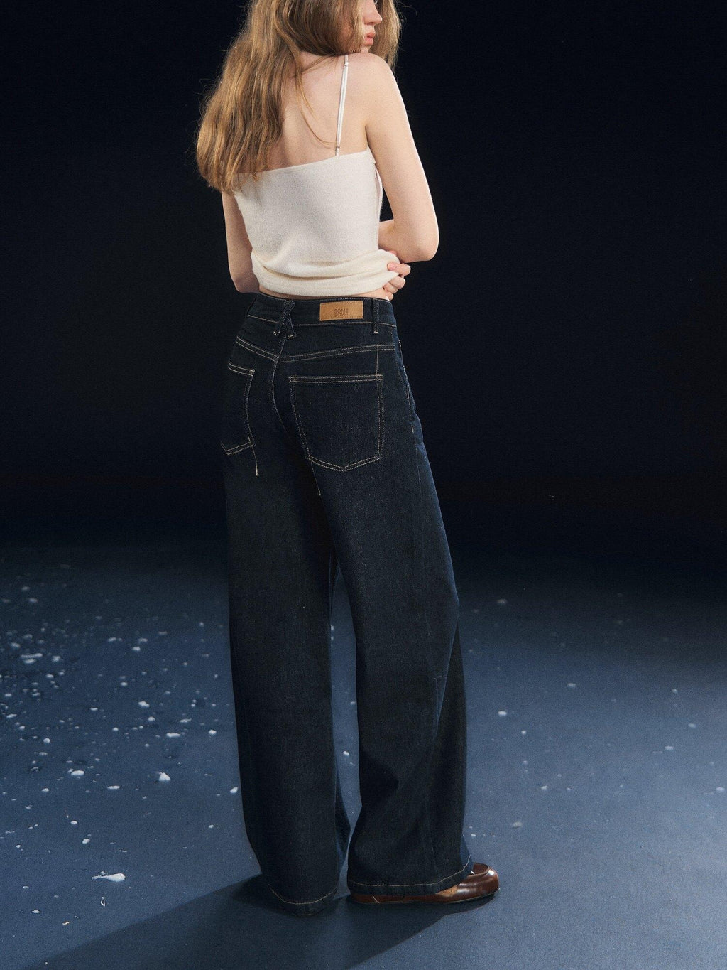 SOMESOWE High Rise Stretch Pleated Pocket Women Dark Cotton Denim Straight Leg Jeans
