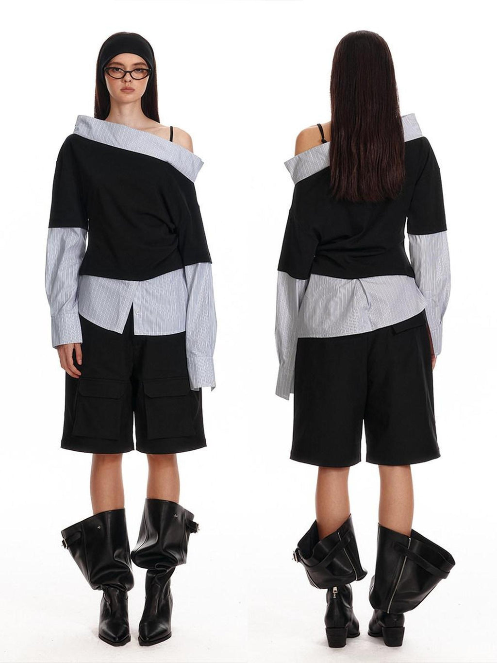 ALINNVSTUDIO Original Loose Slant Collar Cotton Stretch Pullover Women Long Sleeve T-Shirts
