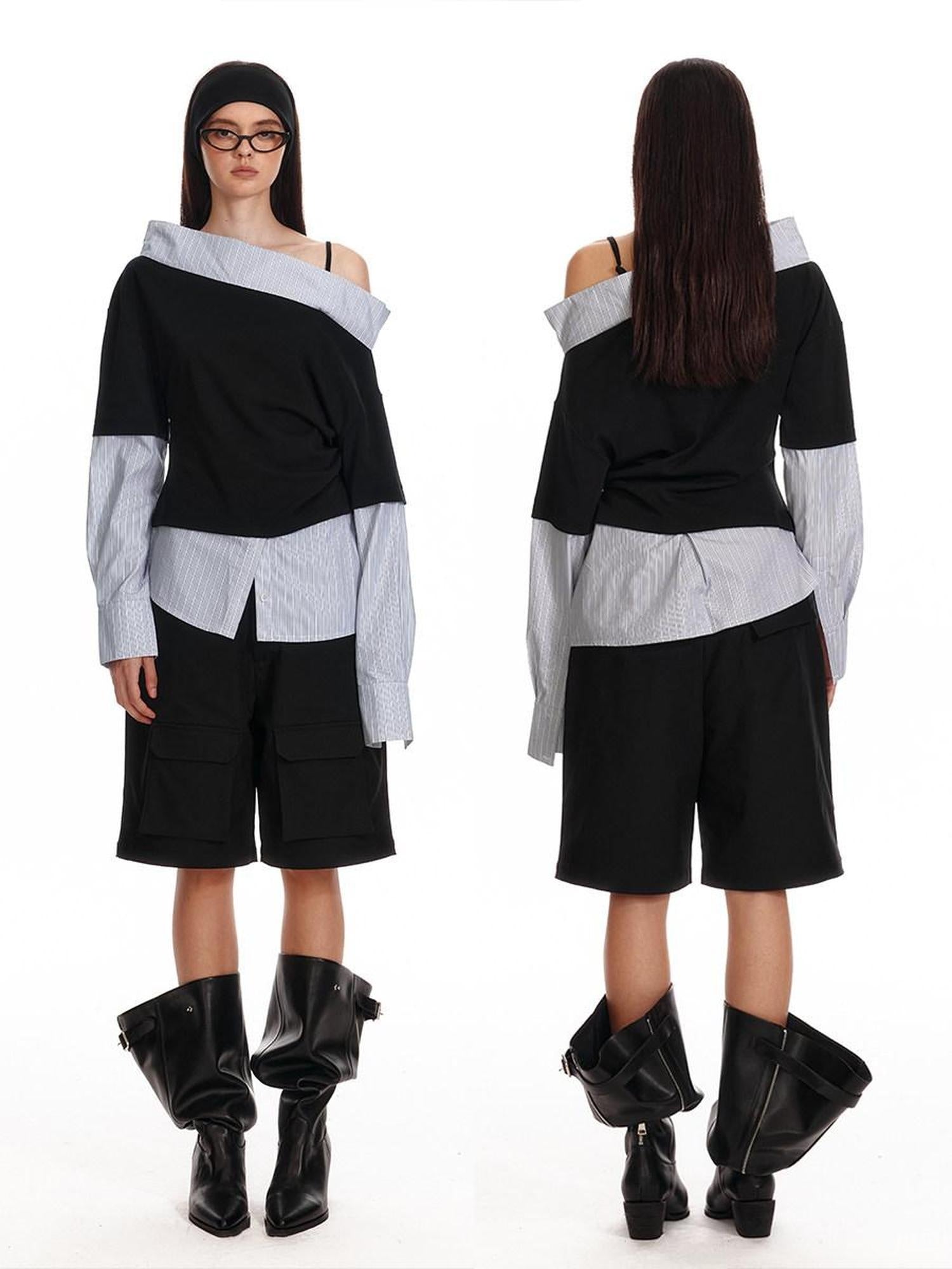 ALINNVSTUDIO Original Loose Slant Collar Cotton Stretch Pullover Women Long Sleeve T-Shirts