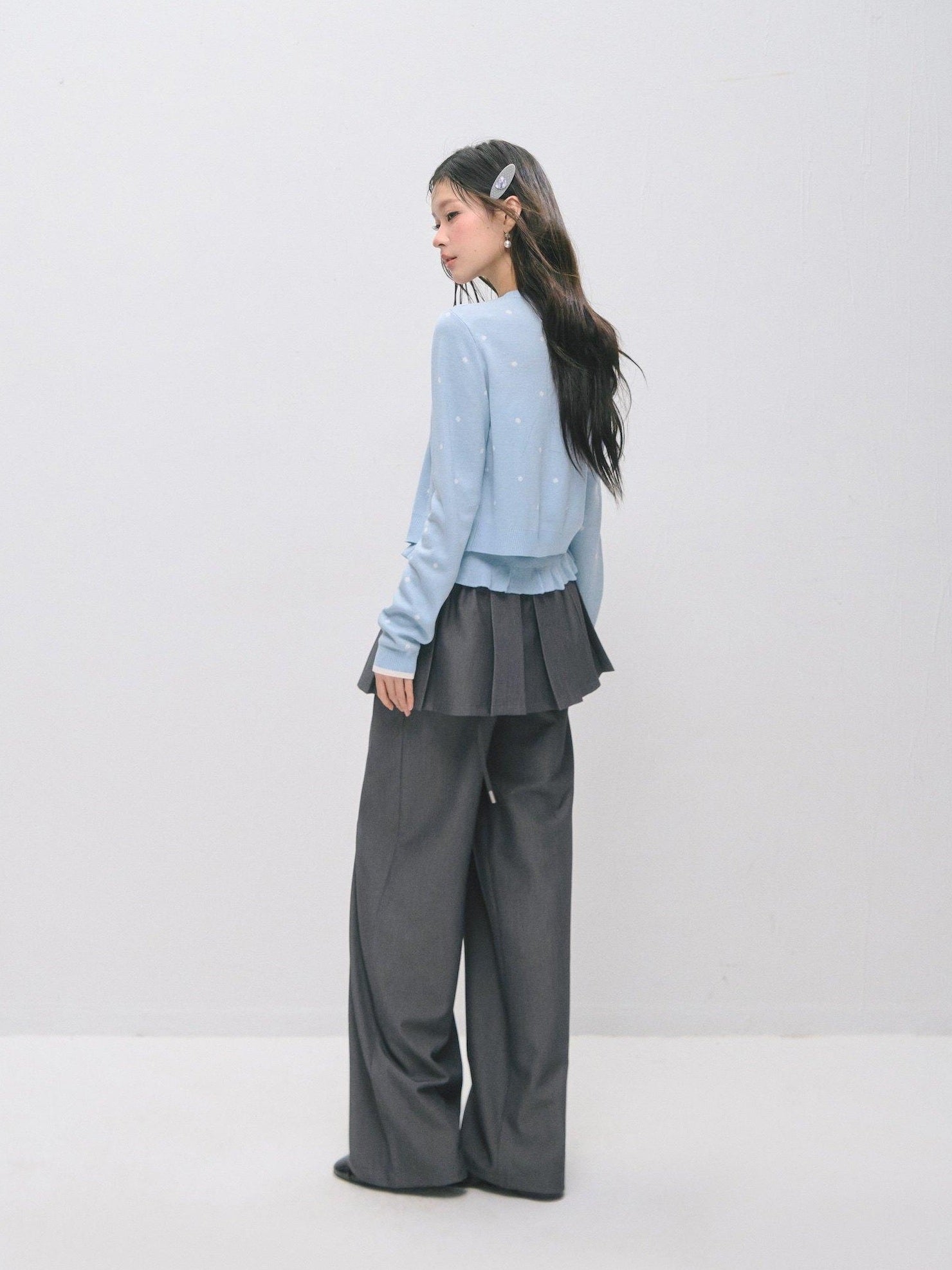 SOMESOWE Ruffle Collared Cardigan Long Sleeve Loose Fit Women Blue Top & Skirt Sets