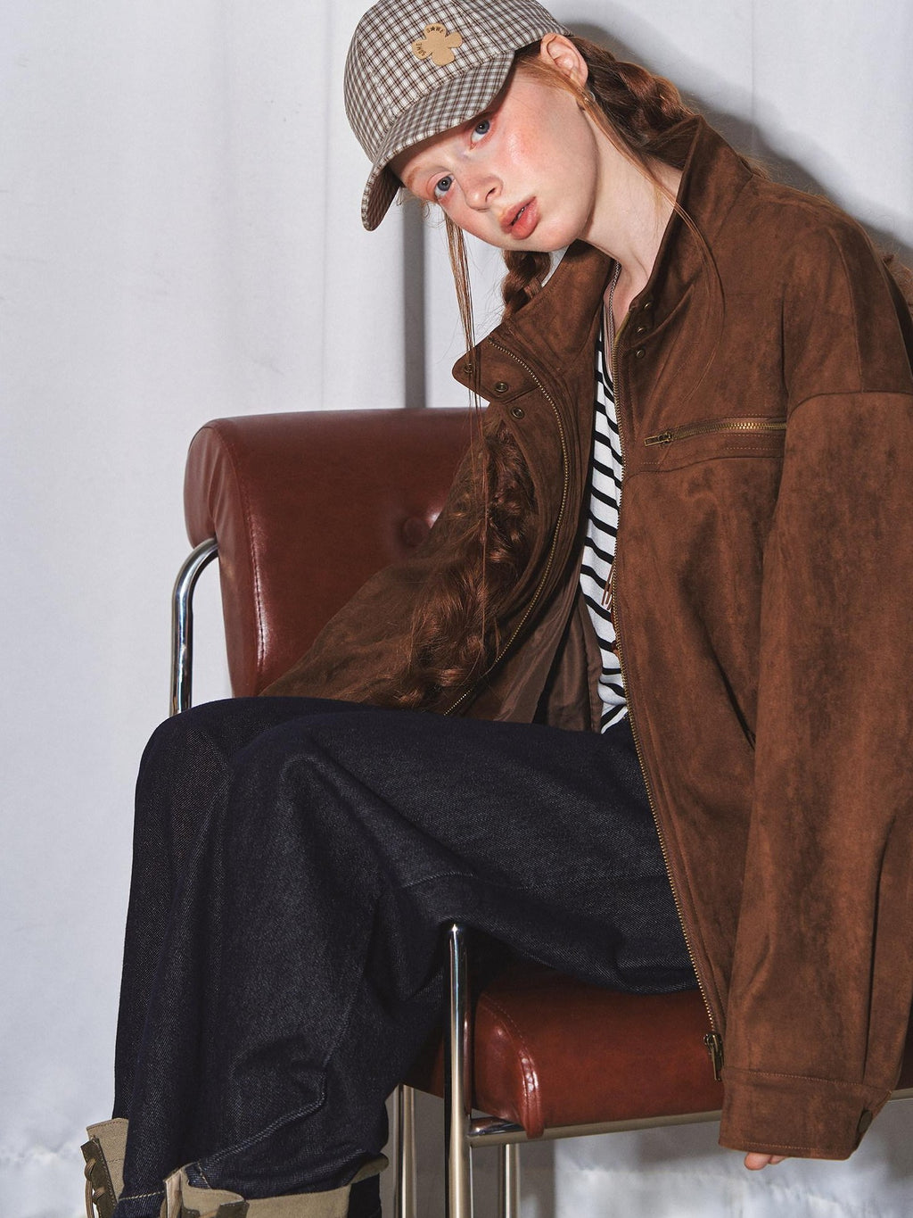 SOMESOWE Pocketed Loose Fit Streetwear Stand Collar Zipper Youth Brown Leather Jackets