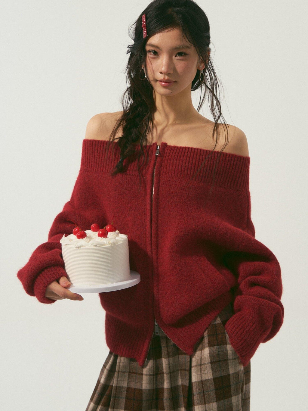 SOMESOWE Volcanic Red Knit Zipper One Shoulder Casual Regular Fit Women Daily Cardigans