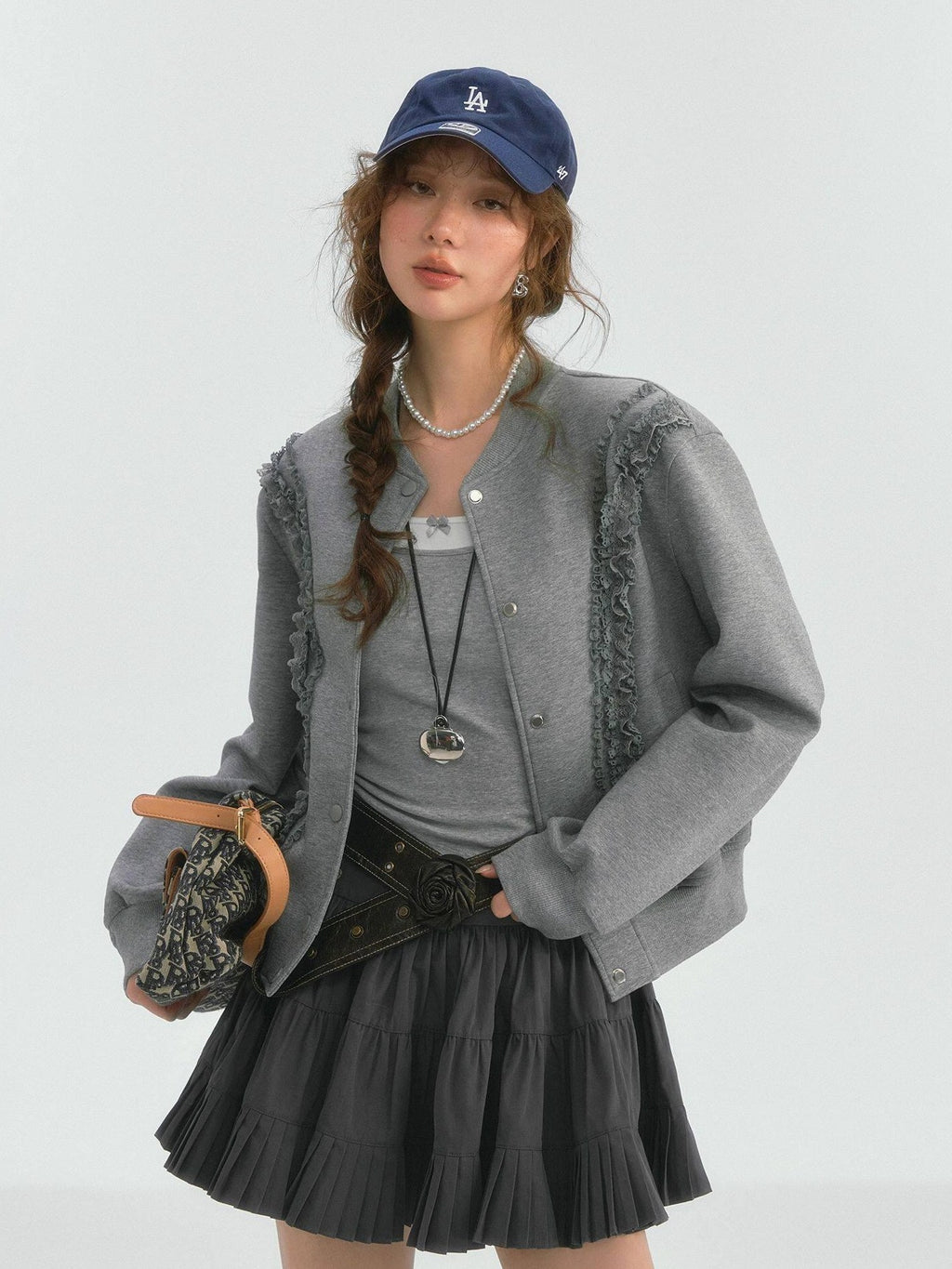 SOMESOWE Lace Trim Loose Fit Commuter Women Button Closure Navy Gray Bomber Jackets