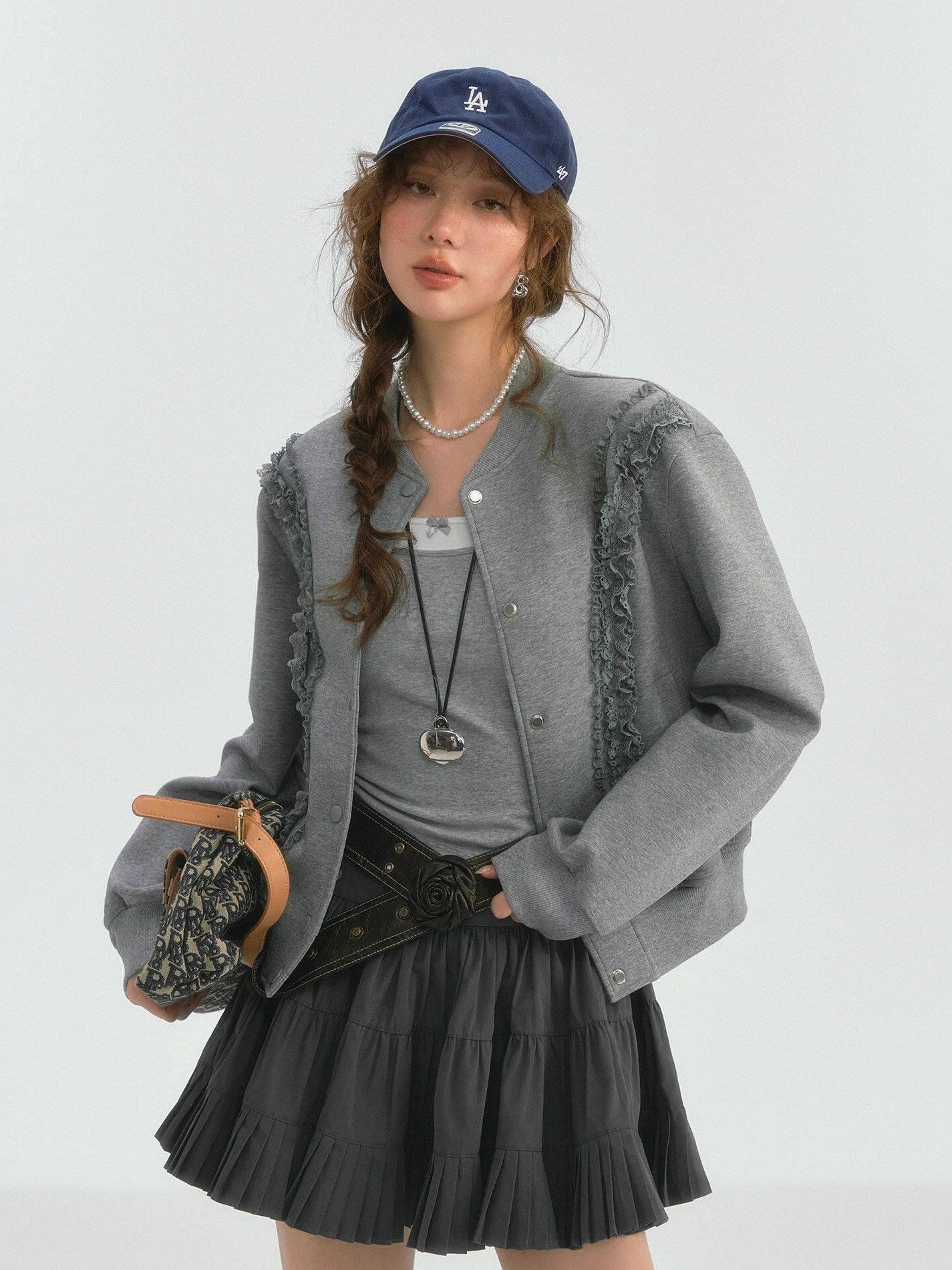 SOMESOWE Lace Trim Loose Fit Commuter Women Button Closure Navy Gray Bomber Jackets