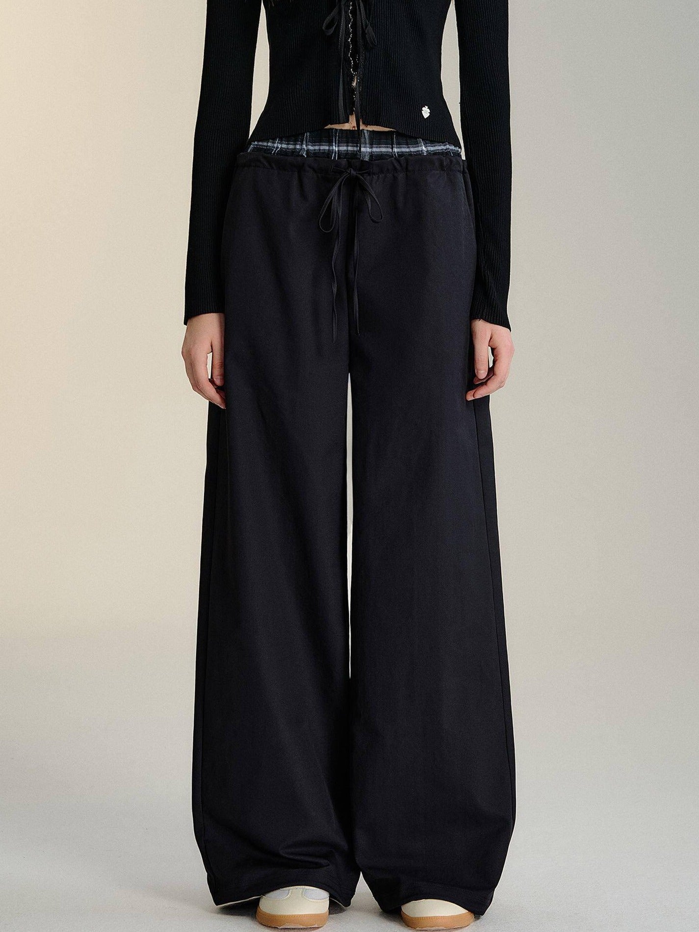 SOMESOWE Minimalist Double Waist Drawstring Natural Waist Office Women Wide Leg Pants