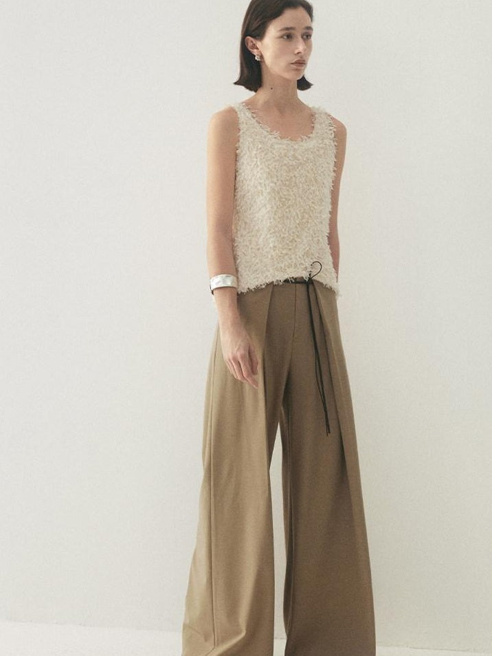 someonesometimes High Waist Stretch Belt Detail Minimalist Polyester Blend Women Wide Leg Pants