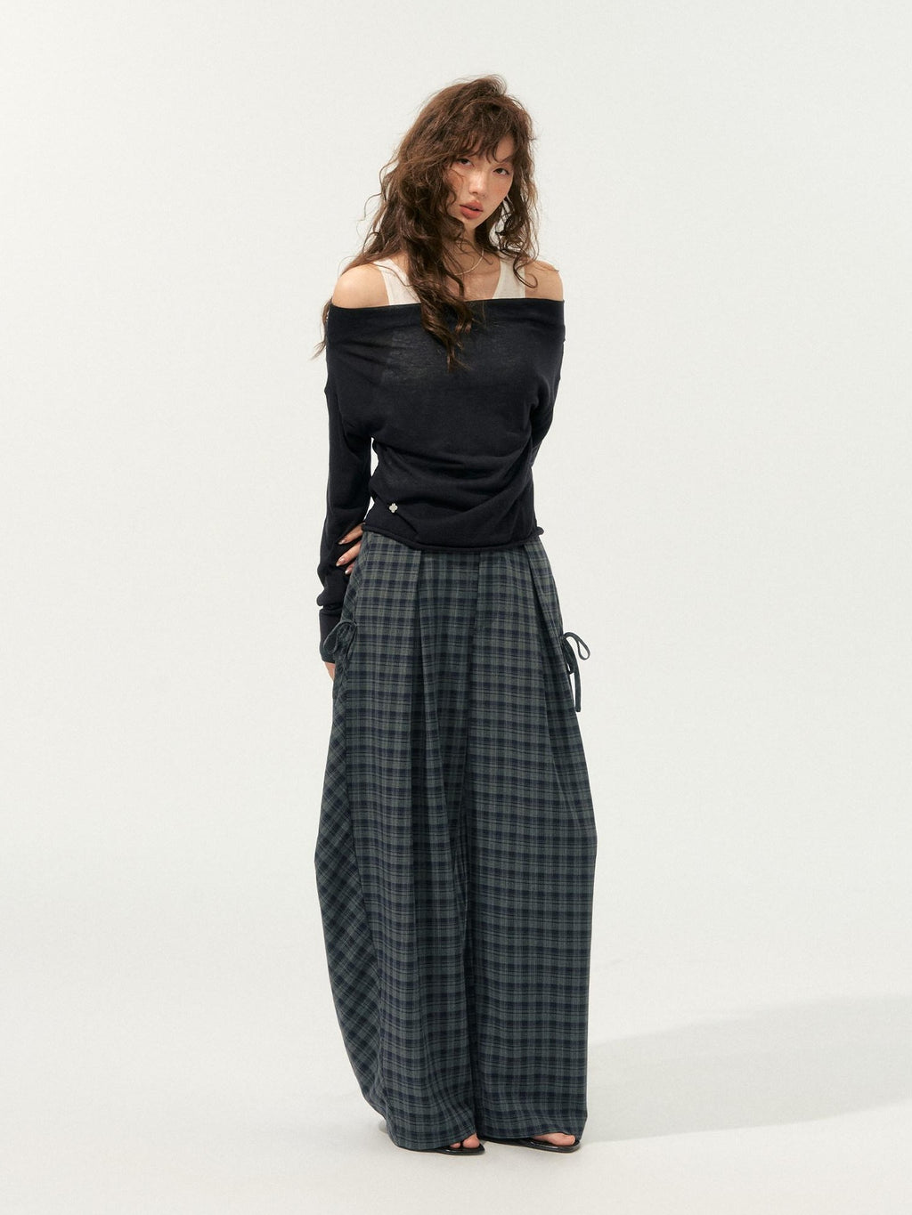 SOMESOWE Plaid Pocket Loose Fit Natural Waist Button Grey Casual Women Wide Leg Pants