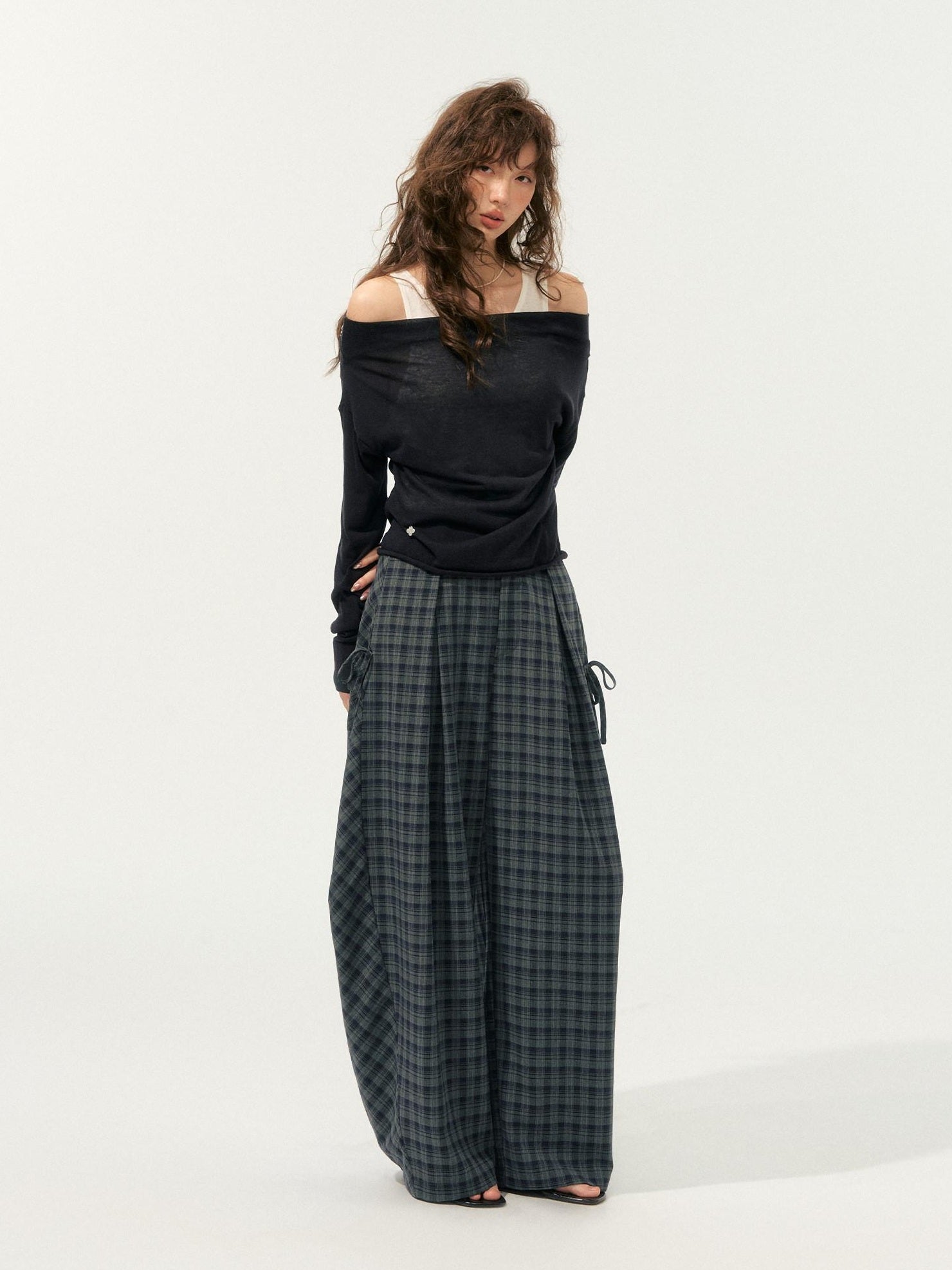 SOMESOWE Plaid Pocket Loose Fit Natural Waist Button Grey Casual Women Wide Leg Pants