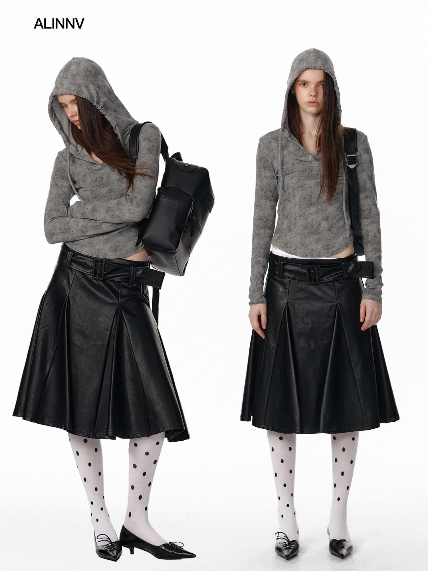 ALINNVSTUDIO Versatile Pu Belted Low Waist Flared Loose Fit Women Citywalk Black Midi Skirts