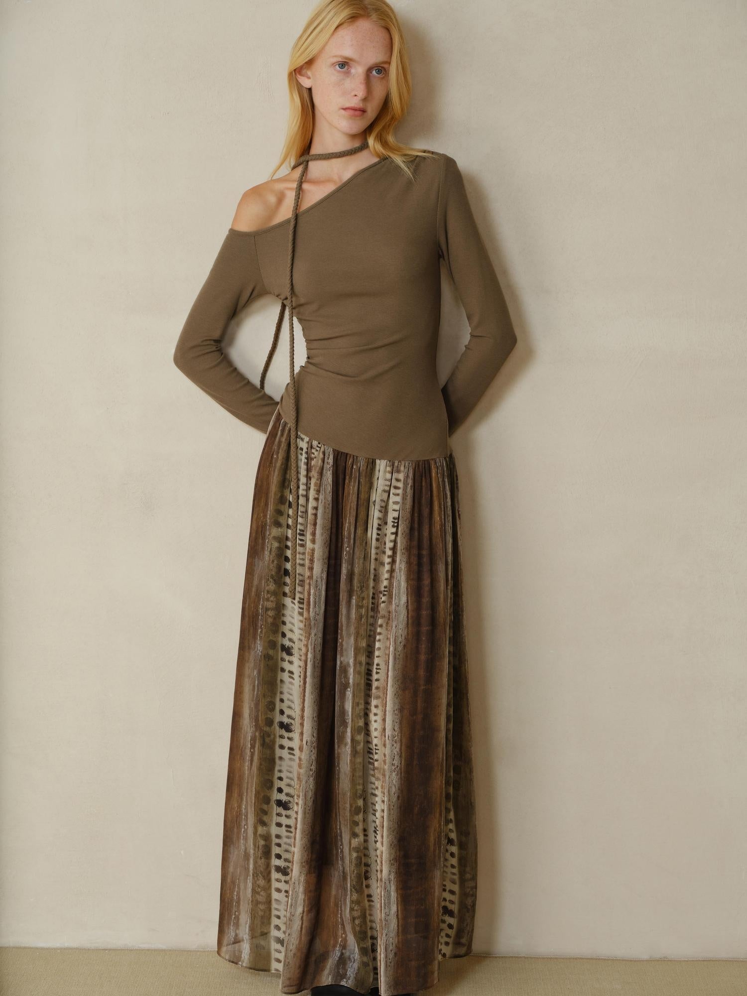 someonesometimes Chiffon Ruched Oil Painting Ombre One Shoulder V-neck A Line Girls Maxi Dresses