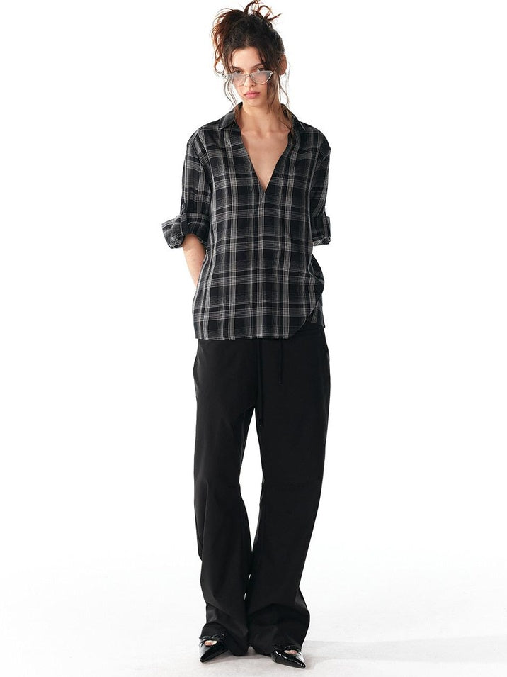 ALINNVSTUDIO Soft Lyocell Cupro Blend Oversized V-neck Button Front Plaid Casual Shirts