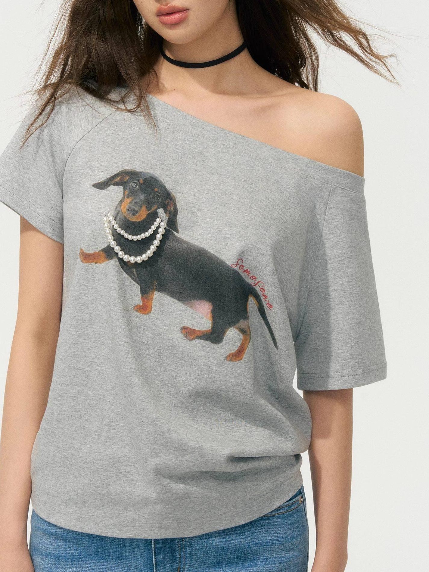SOMESOWE Stretch Cotton Oversized Asymmetric Neck Animal Embroidered Short Sleeve T-Shirts