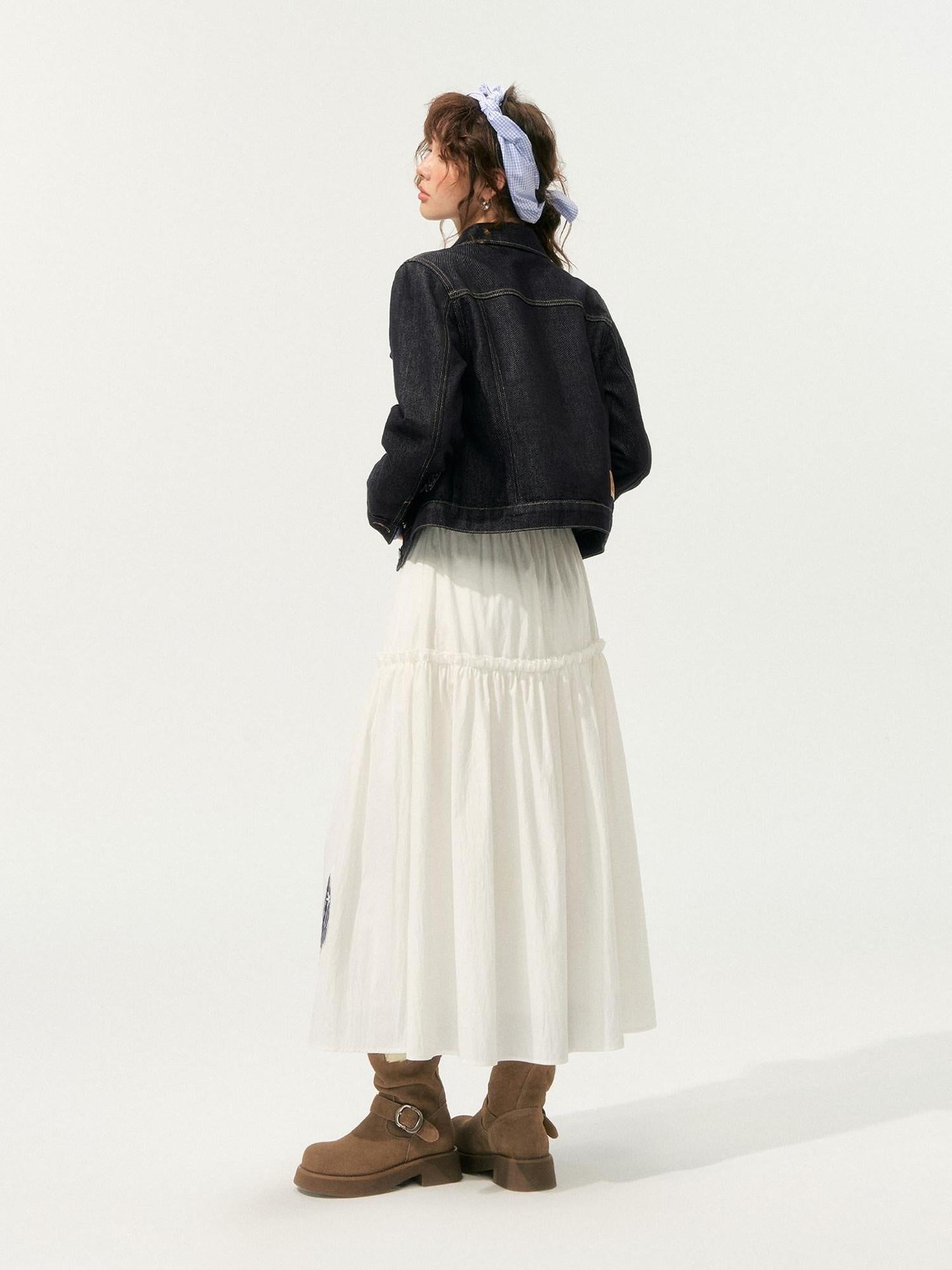 SOMESOWE High Waist French A Line Patch Detail Loose Fit Casual White Maxi Skirts