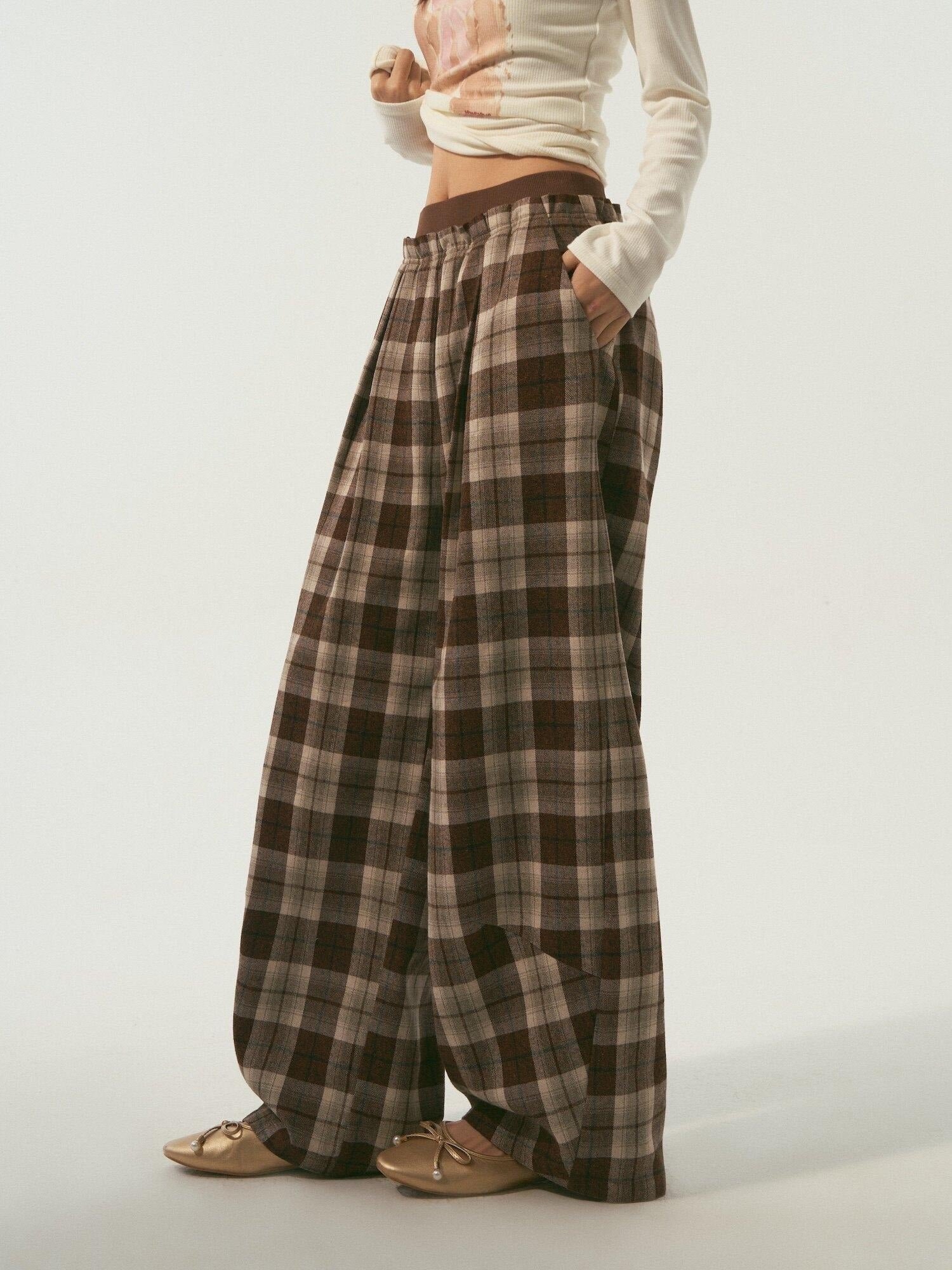 SOMESOWE Original Plaid Pocket Relaxed Curved Natural Waist Women Daily Grey Sweatpants