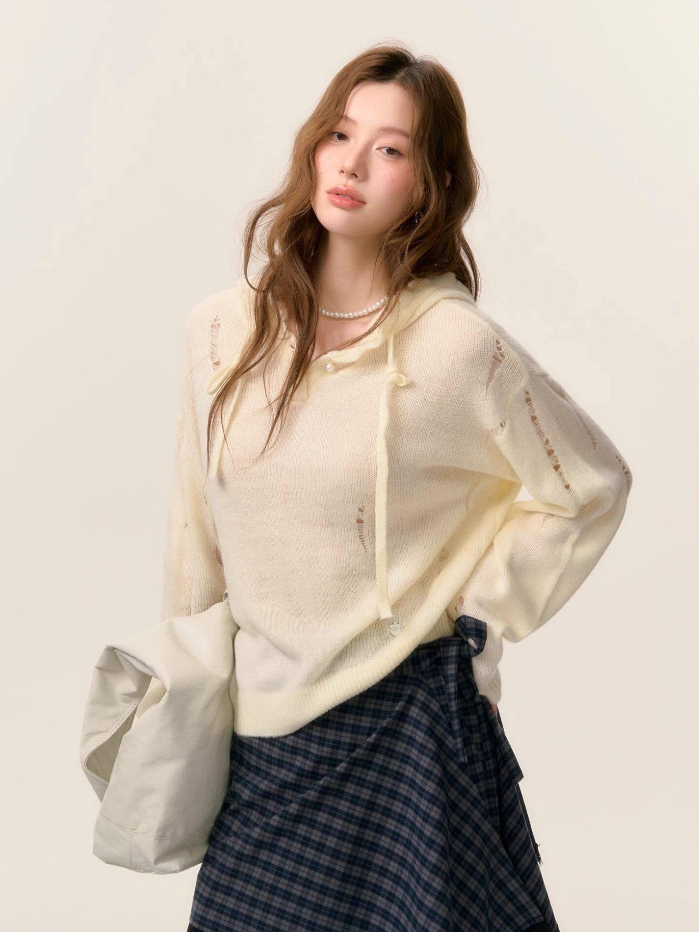 SOMESOWE Oversized Crochet Tie Street Loose Fit Women Grey Long Sleeve T-Shirts