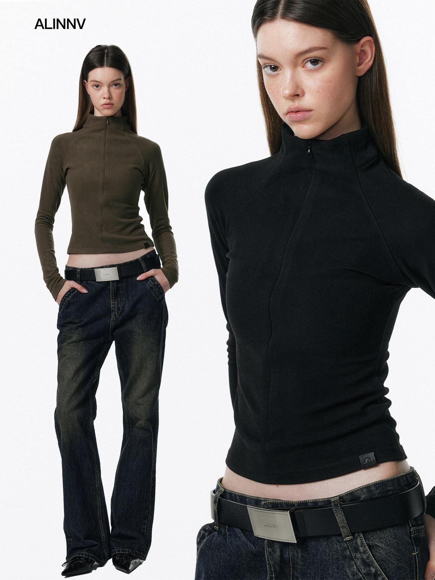 ALINNVSTUDIO Zip Half Collar Slim Commuter Ladies Black Olive Long Sleeve T-Shirts