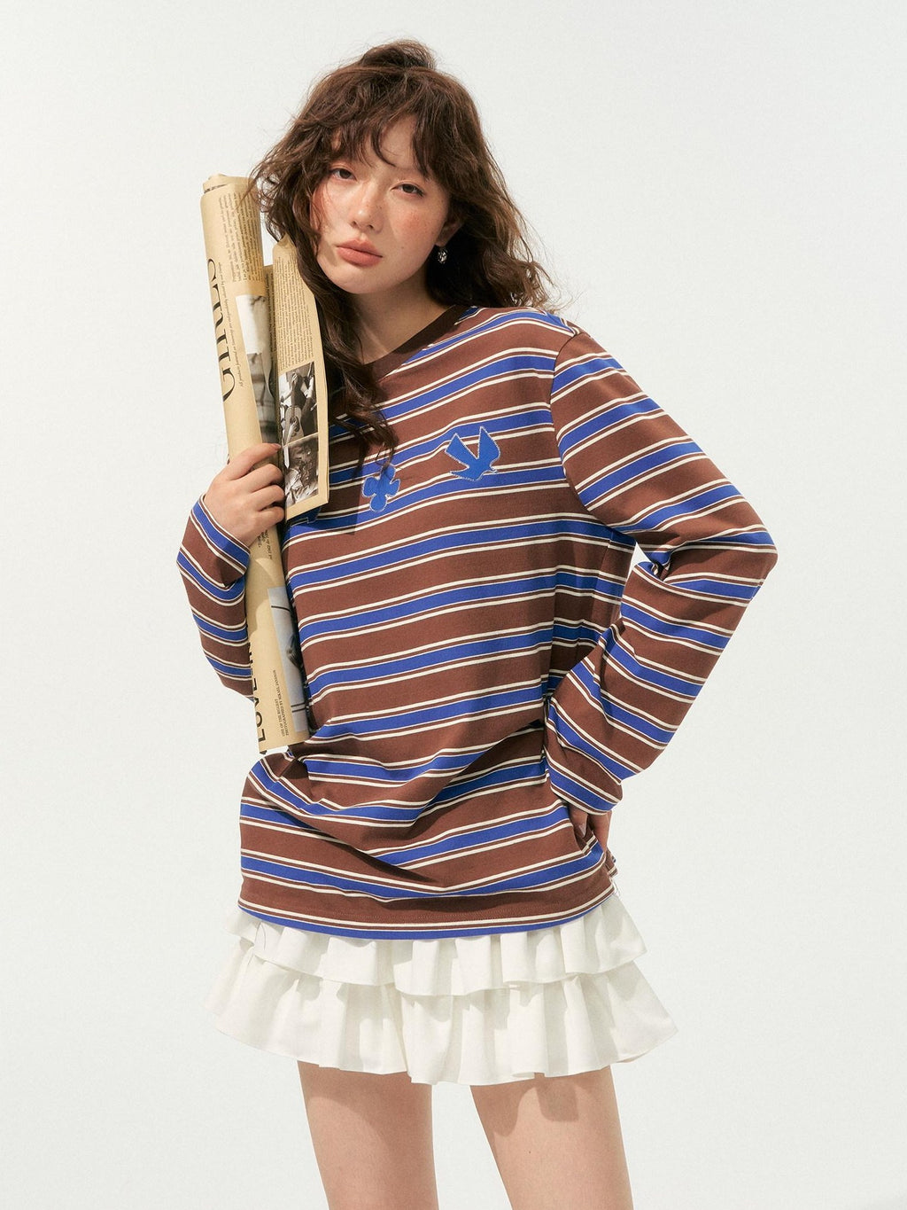 SOMESOWE Creative Embroidered Print Loose Crewneck Women Striped Long Sleeve T-Shirts