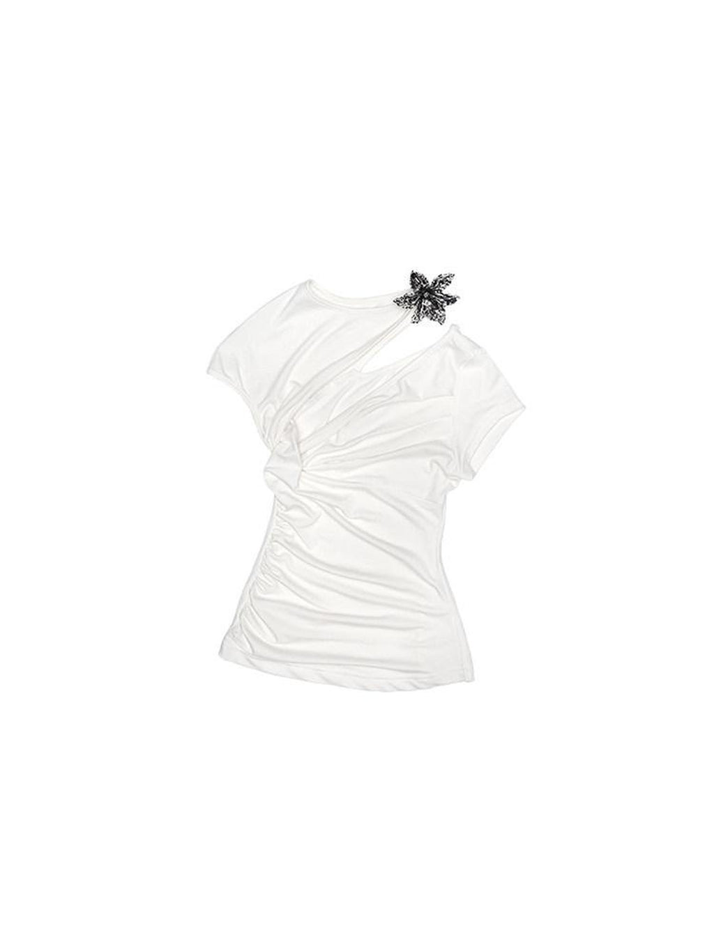 1JINN STUDIO Moisture Wicking Eco Slim Ruched Panel Cross Print Short Sleeve T-Shirts