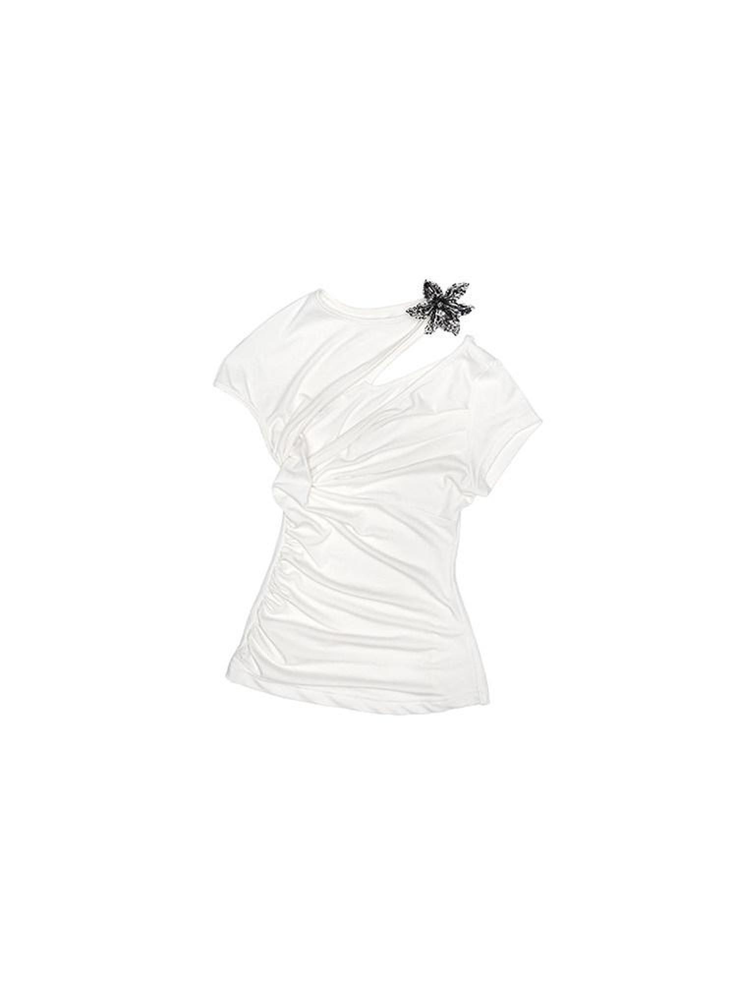 1JINN STUDIO Moisture Wicking Eco Slim Ruched Panel Cross Print Short Sleeve T-Shirts