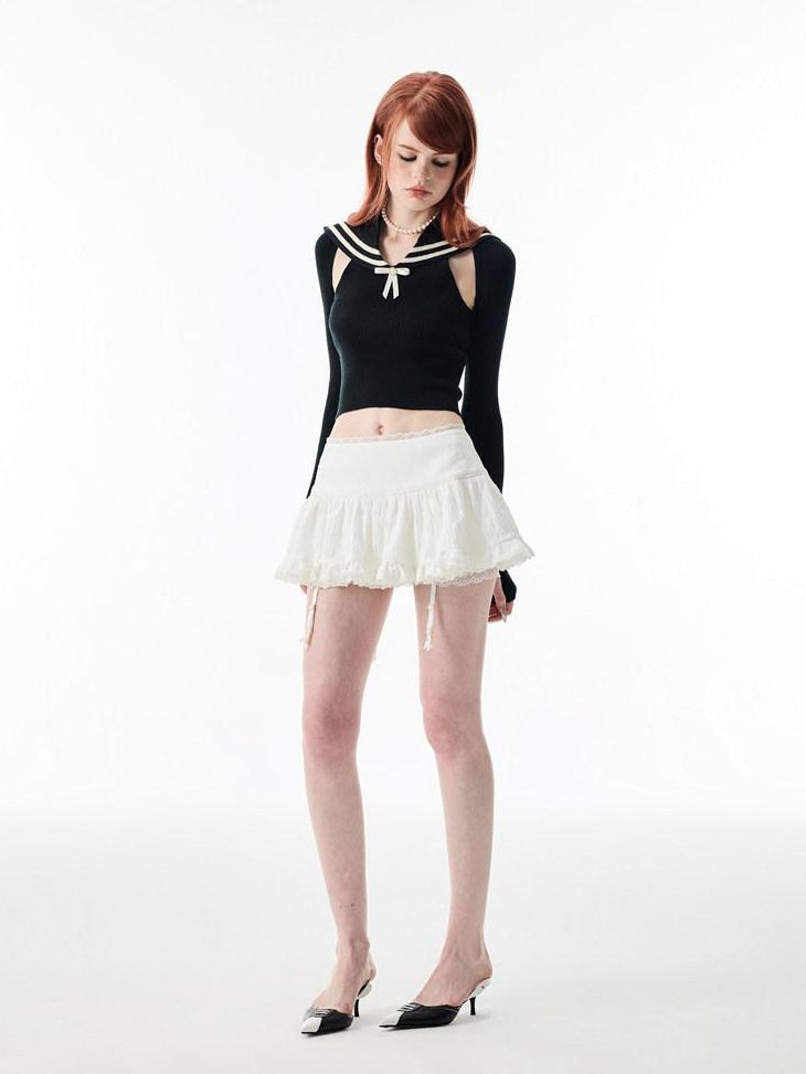 1JINN STUDIO Lace Tiered A Line Mid Waist Commuter Daily Youth Black White Mini Skirts