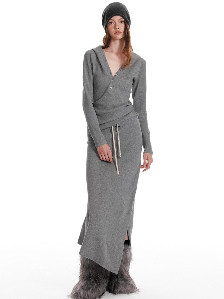 ALINNVSTUDIO Cozy Hooded Long Sleeve Button Front Curved Hem Youth Gray Top & Skirt Sets