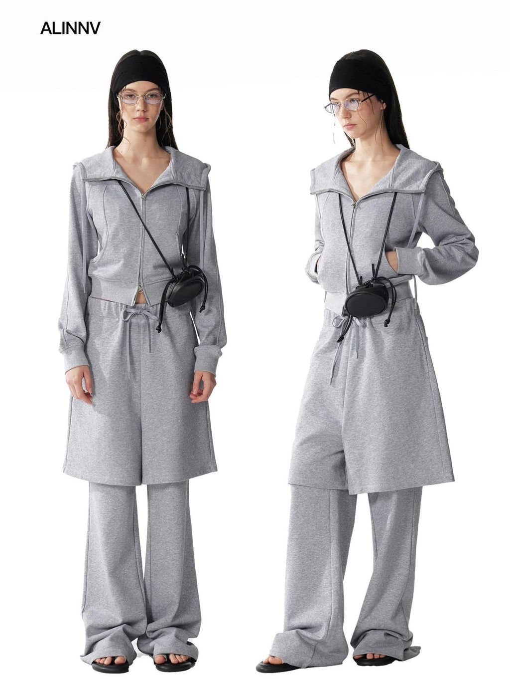 ALINNVSTUDIO Cozy Drawstring Layered Faux Two Piece Relaxed Low Rise Teen Casual Sweatpants