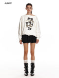 ALINNVSTUDIO Bow Accent Loose Fit Office Round Neck Women White And Gray Sweatshirt