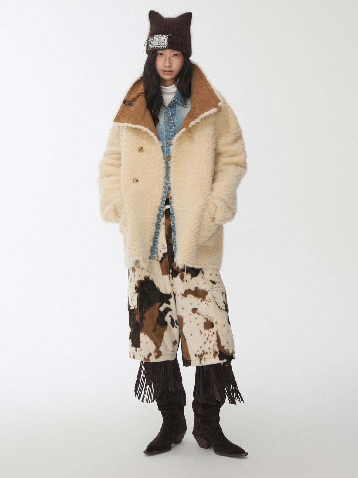 1JINN STUDIO Reversible Vintage Stand Collar Short Button Womens Chic Faux Fur Coats