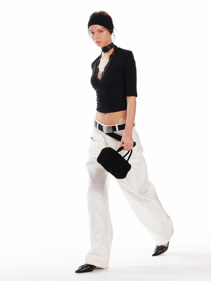 ALINNVSTUDIO Lace Trim V-neck Slim Fit Office Half Sleeve Solid Black White Basic Crop Tops