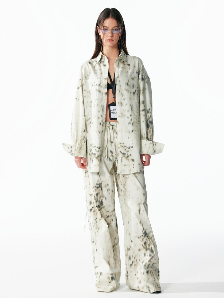 ALINNVSTUDIO Leopard Print Tie Waist Loose Fit Casual Lapel Women Top & Pants Sets