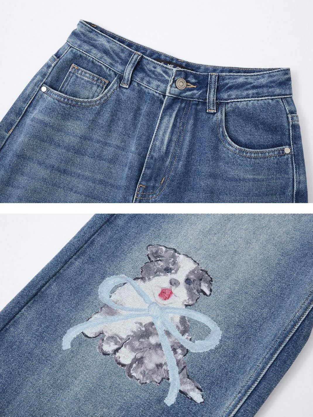 SOMESOWE Cartoon Blue Cotton Natural Waist Pocket Slight Stretch Women Wide Leg Jeans