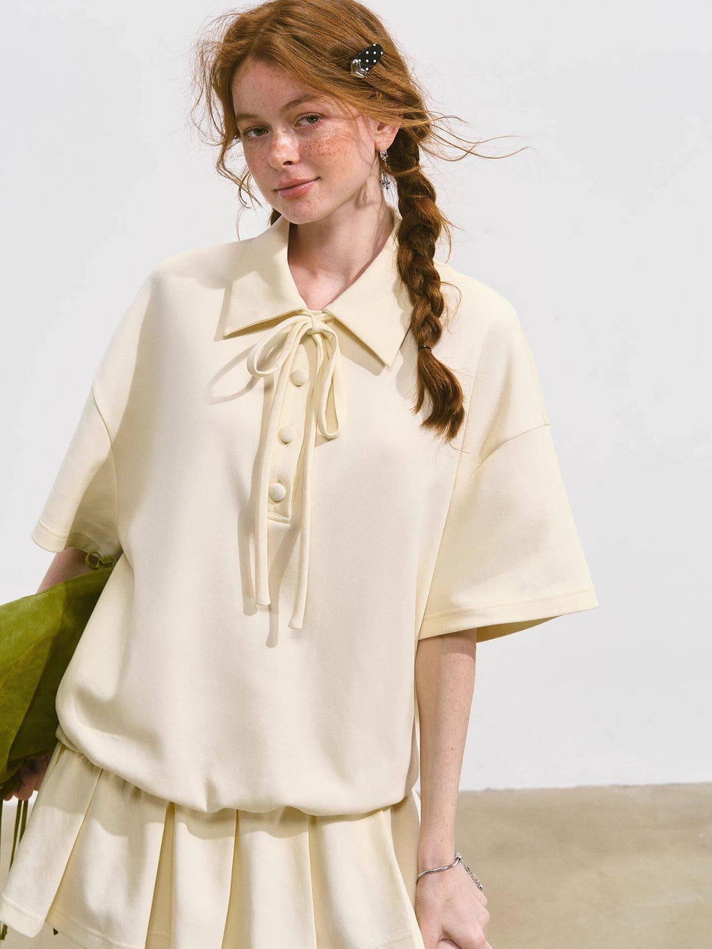 SOMESOWE Cotton Blend Minimal Tie A Line Tee Office Beige Mini Dresses
