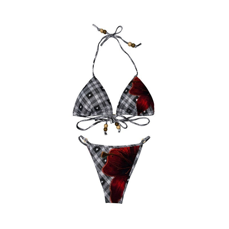 DeleteEx_Chic_Brown_Red_Gray_Plaid_Print_Two_Piece_Beach_Swimwear_Bikini_Sets_MISSTT