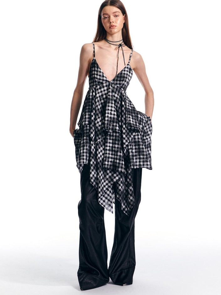 ALINNVSTUDIO Plaid Strappy Polyester Sweet Spicy Sleeveless Youth City Commute Midi Dresses