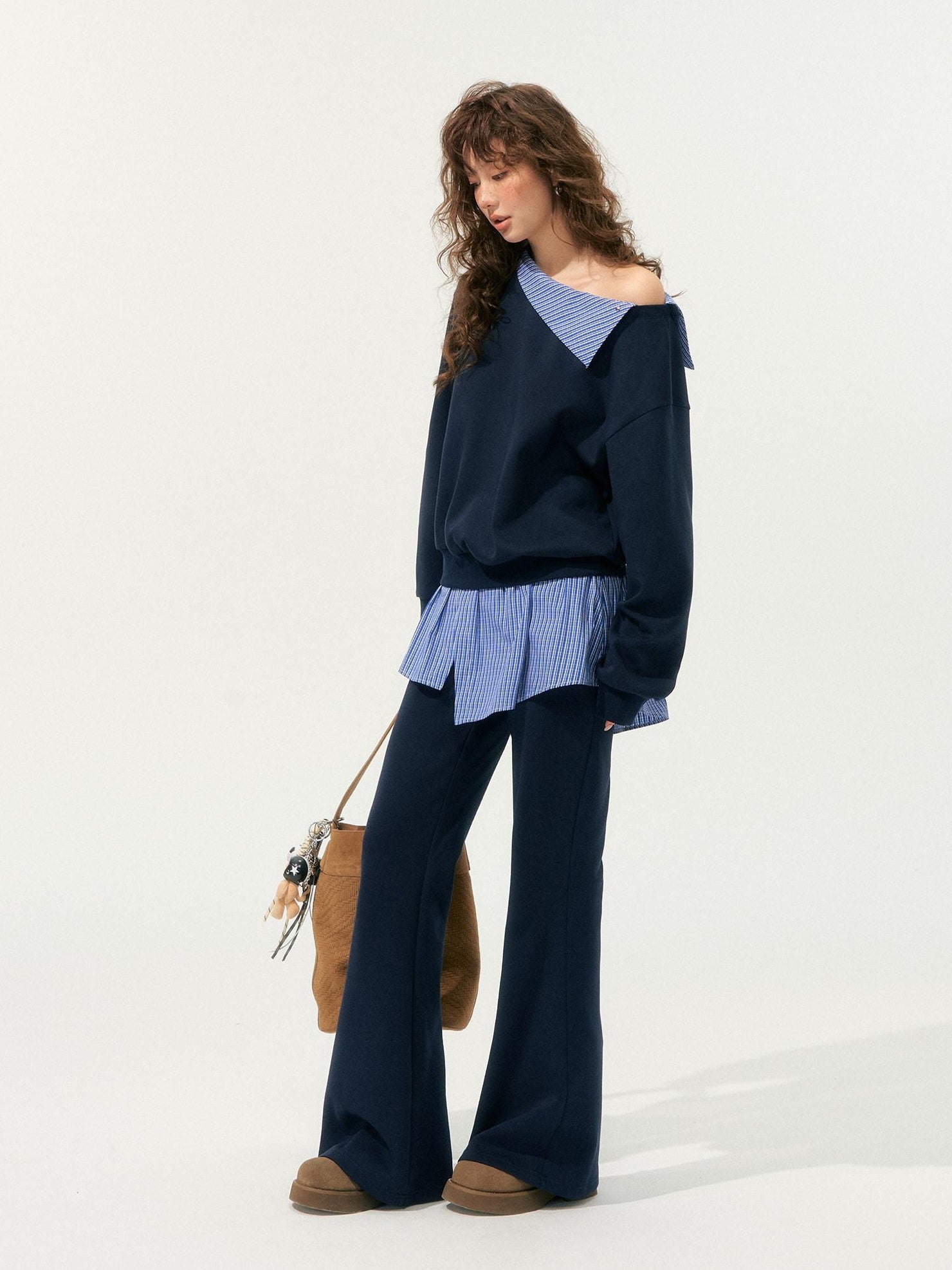 SOMESOWE Patchwork Cropped Oversized Collared Sweatshirt Heather Grey Top & Pants Sets